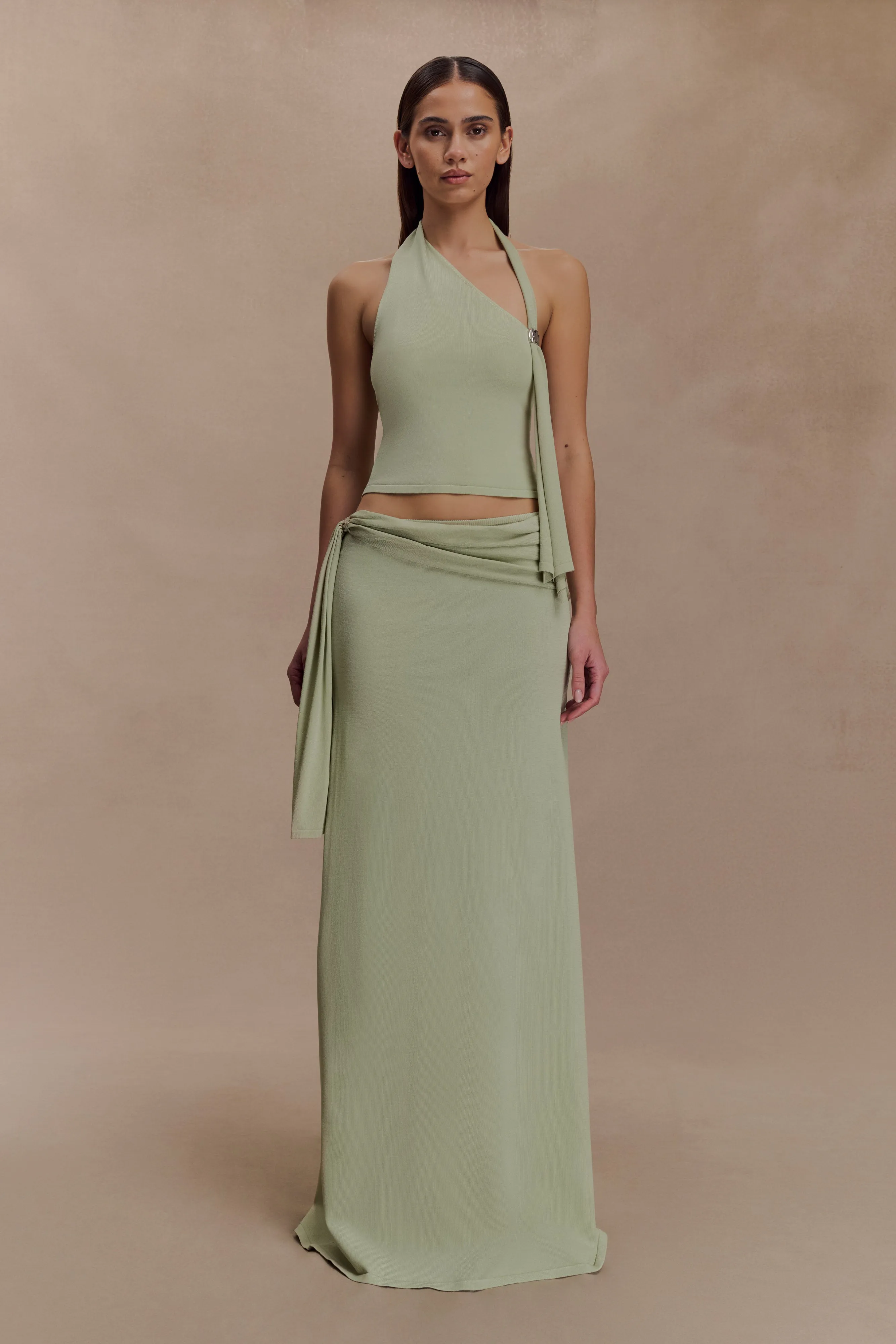 Anti Pilling Treatment AdjustableWaistband Bowie Low Rise Knit Maxi Skirt - Pastel Green