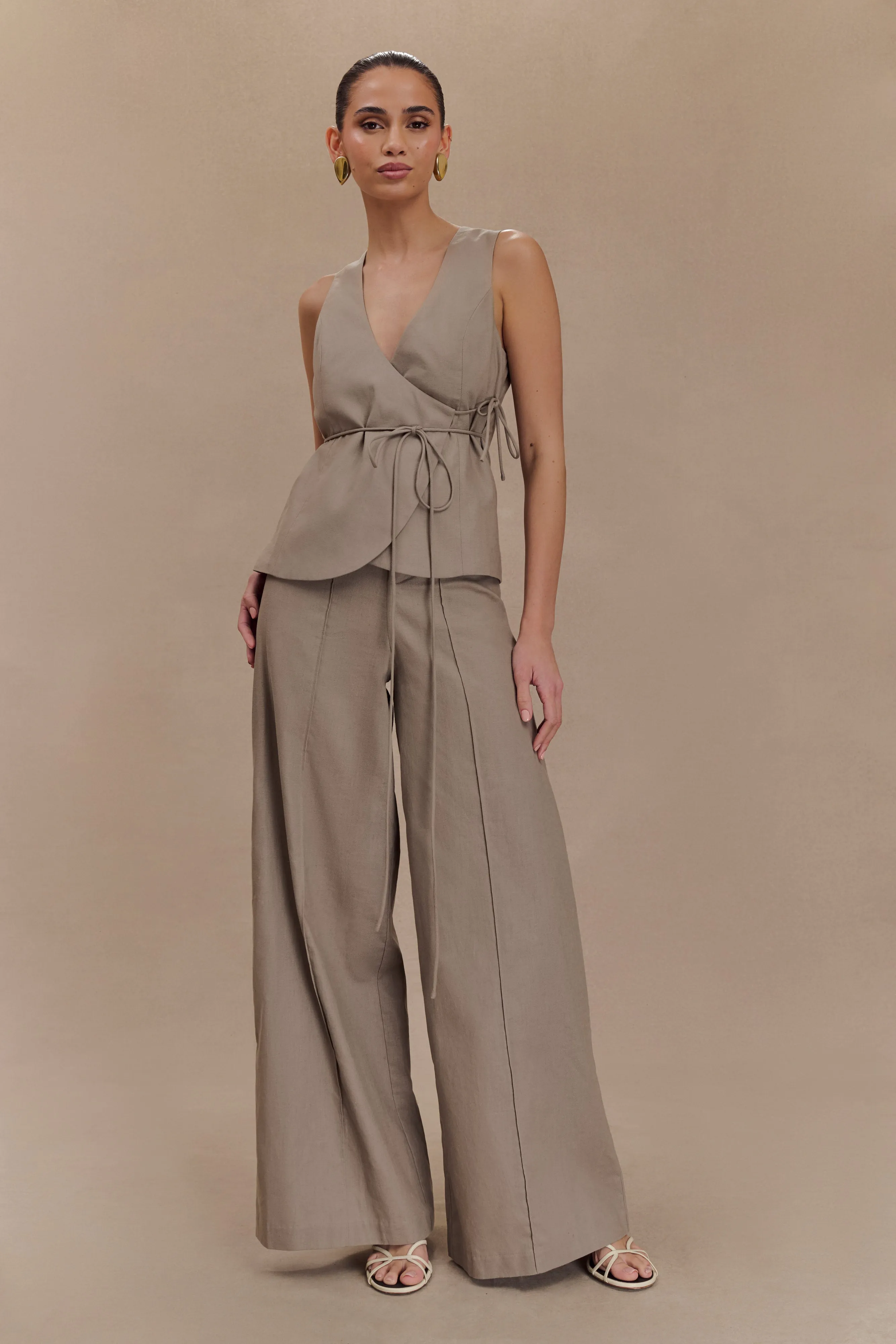 Brandi Linen Sleeveless Wrap Top - Pebble Everyday Fashion HighDensityFoam