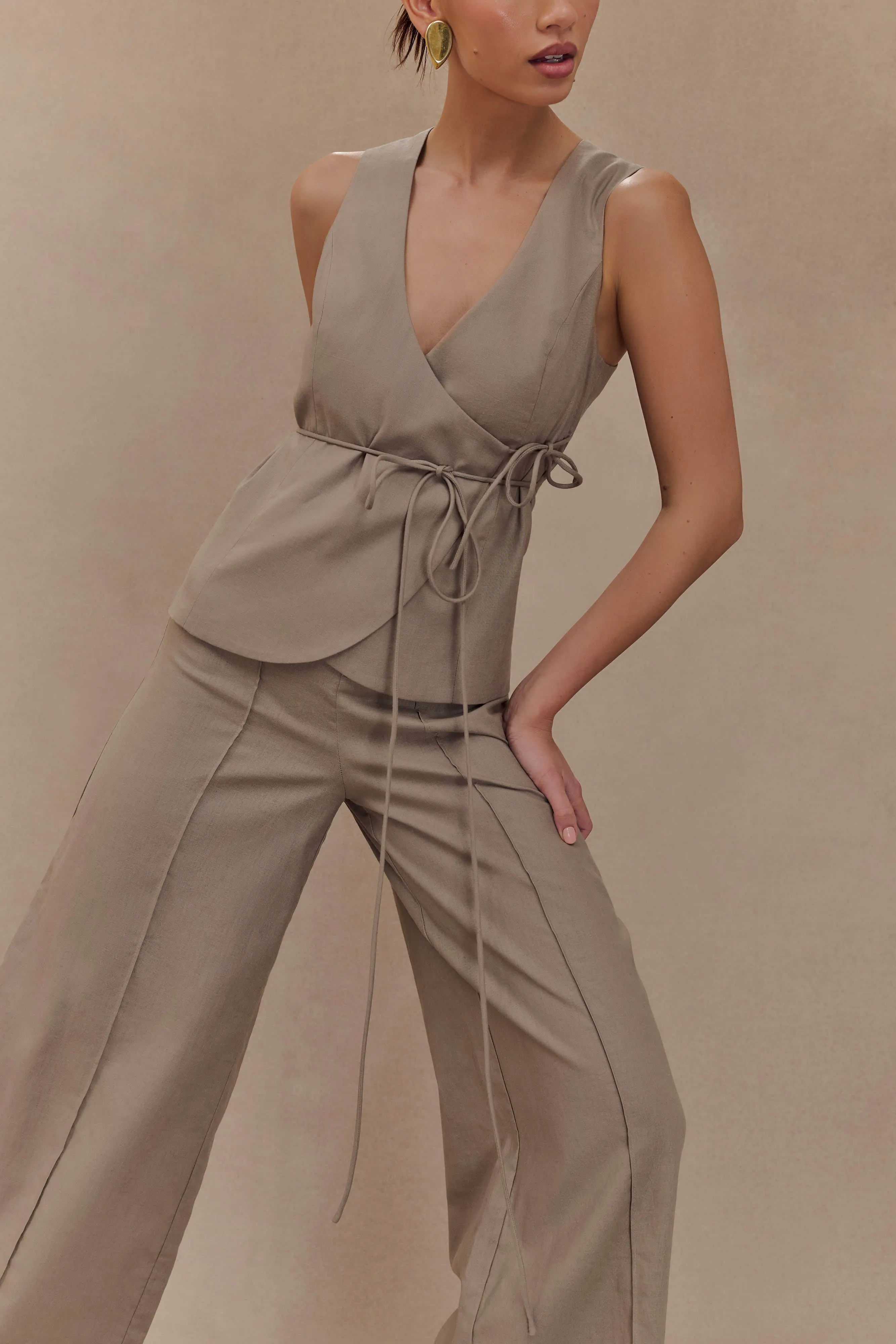 Brandi Linen Sleeveless Wrap Top - Pebble StretchFabric Layered Shoulder