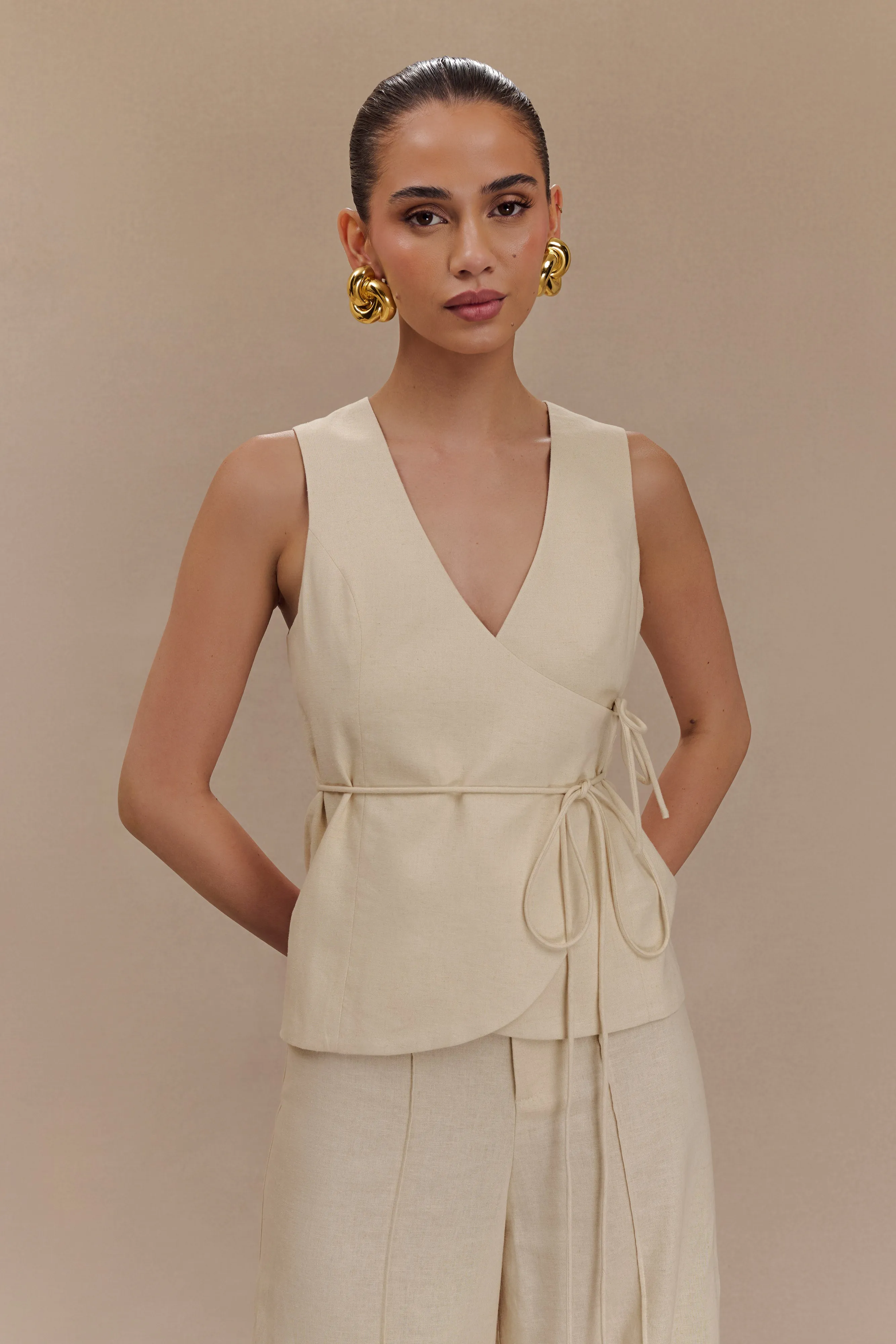 Brandi Linen Sleeveless Wrap Top - Wheat Marle Temperature Control Technology