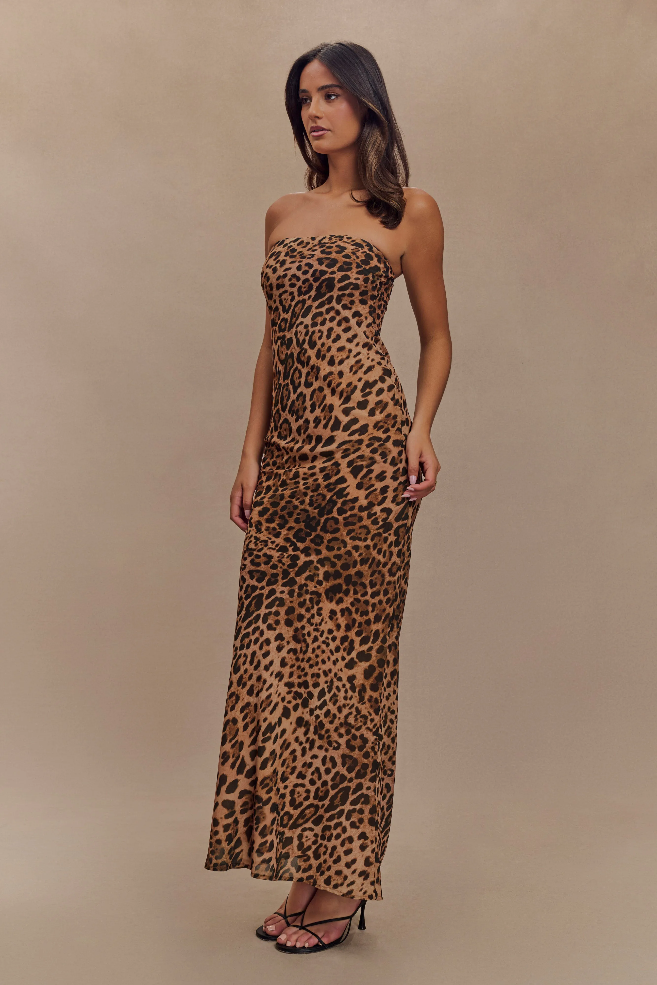 Shirred-Detail Calm Texture Breanna Strapless Chiffon Maxi Dress - Leopard Print