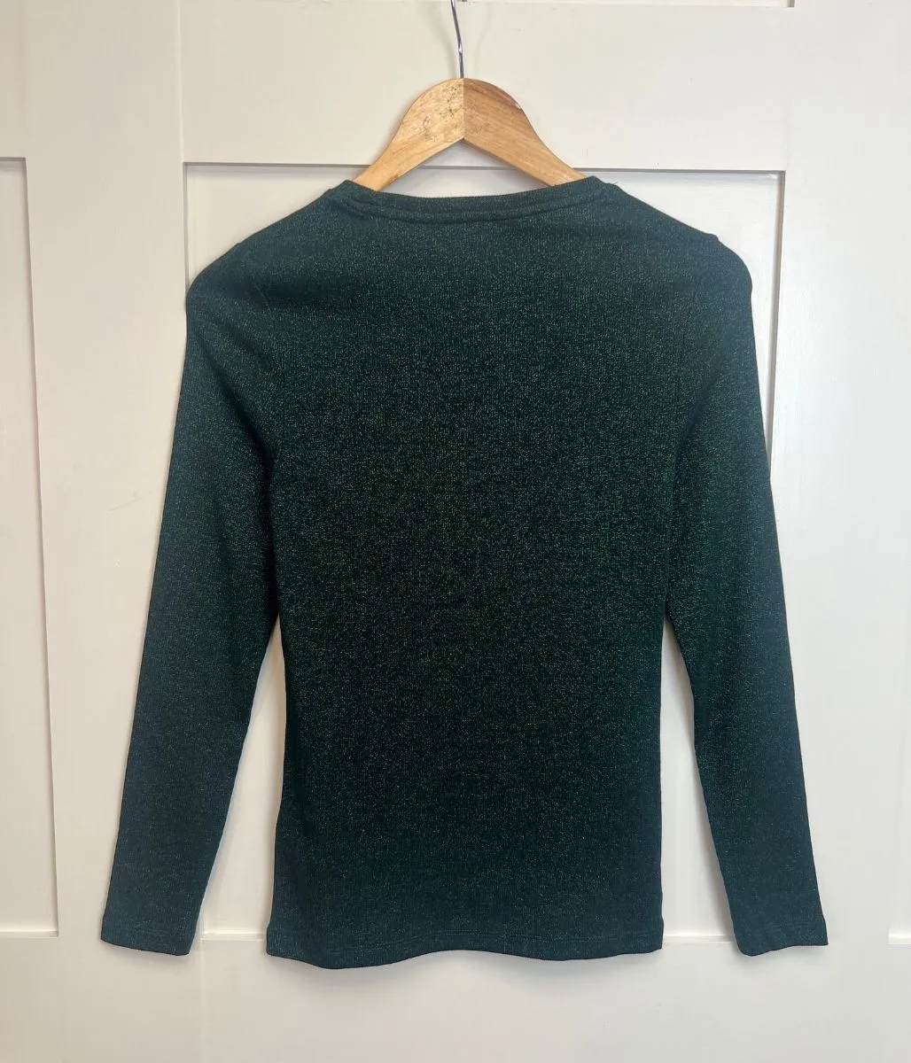 Work-Ready Quiet Core Green Ribbed Sparkly Long Sleeve Top