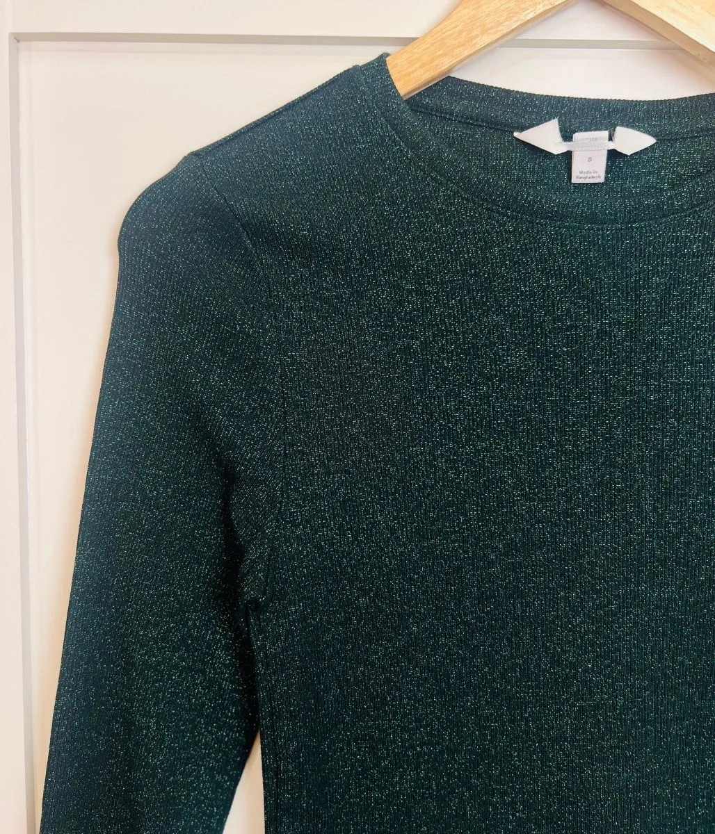 Green Ribbed Sparkly Long Sleeve Top Reinforced Stitching Cozy Sweater
