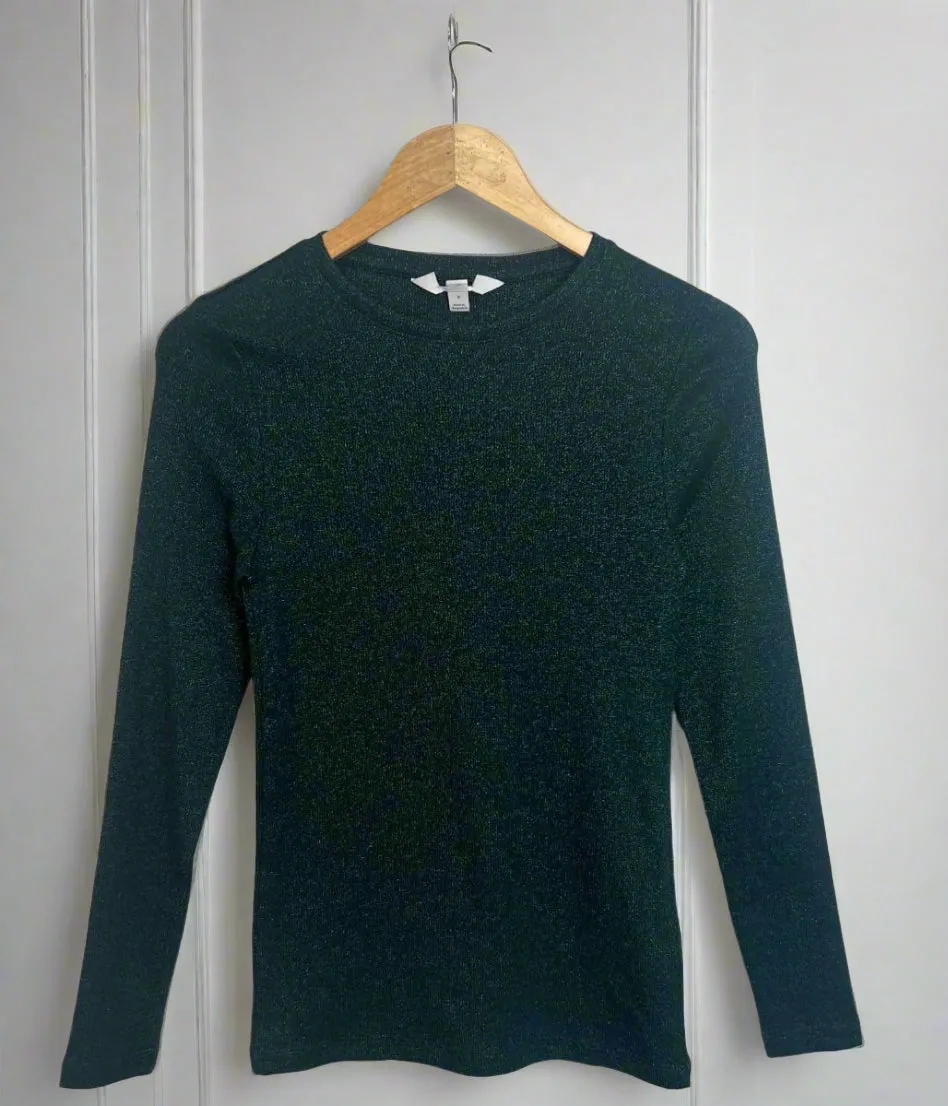 Green Ribbed Sparkly Long Sleeve Top FourWayStretch Colorfast Technology