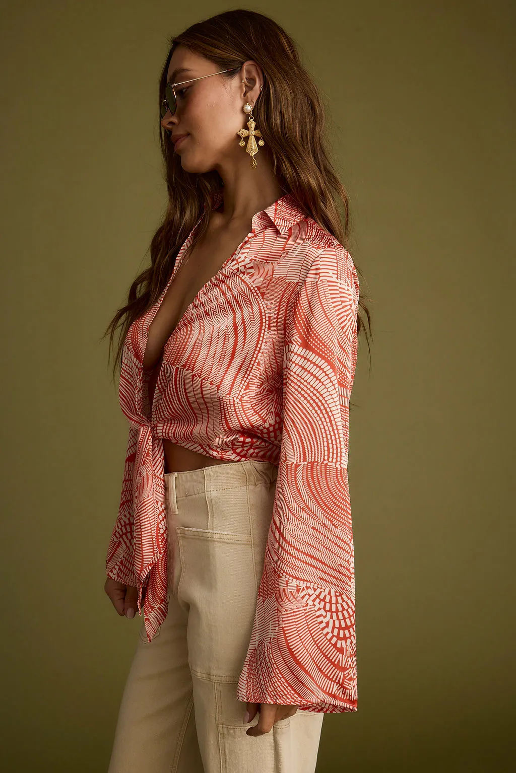 Augusta Tropical Rust Long Sleeve Tie Top LayeredStyling Four Way Stretch