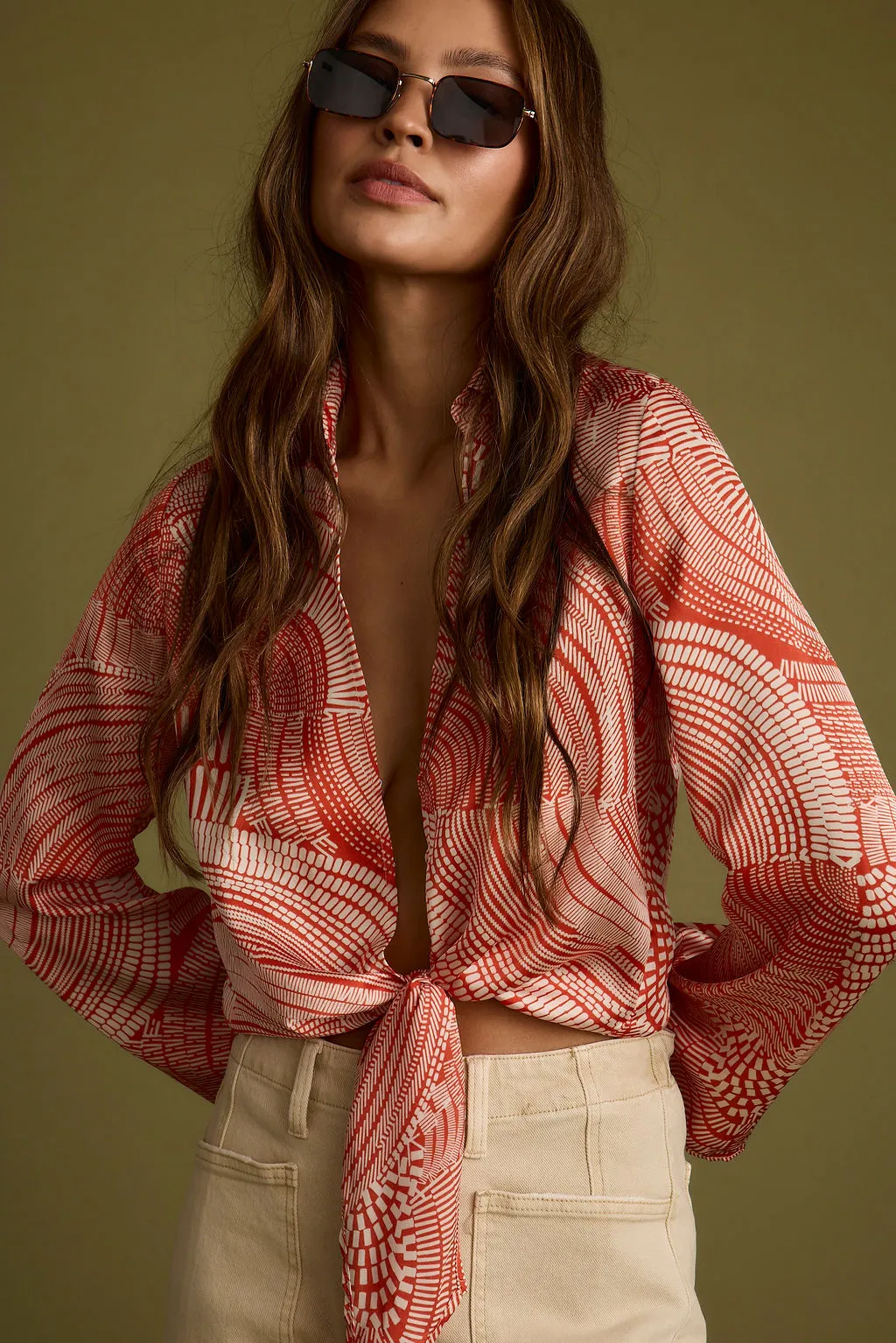 Comfy Cardigan Augusta Tropical Rust Long Sleeve Tie Top