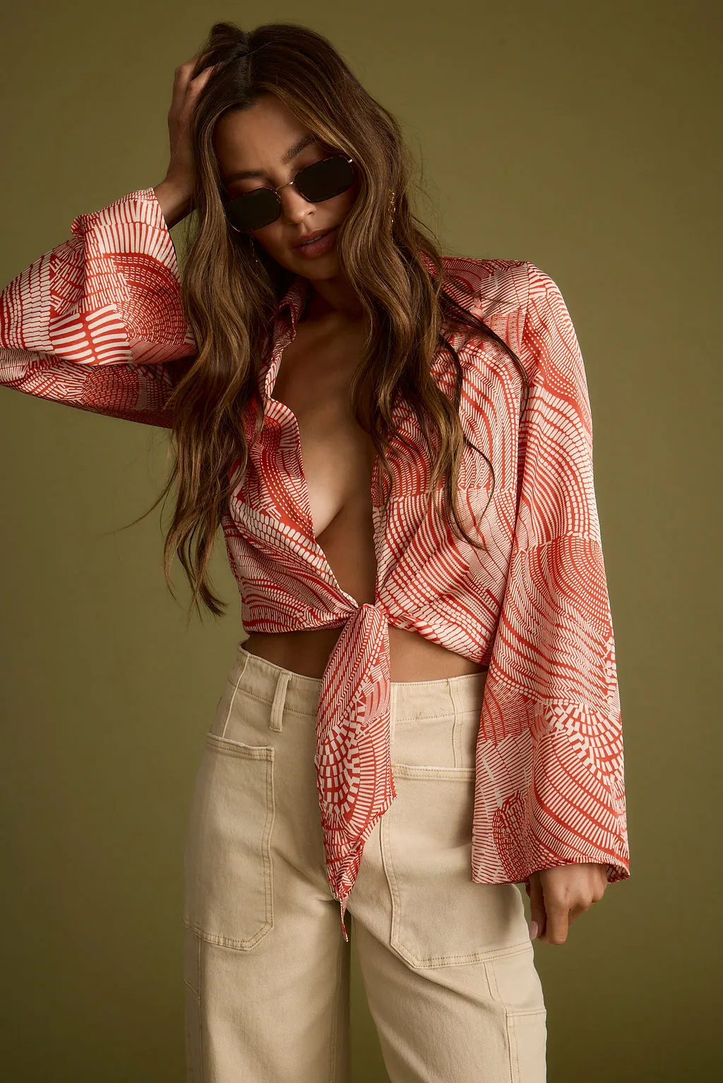Augusta Tropical Rust Long Sleeve Tie Top Adjustable Fit System Layered Panel Design