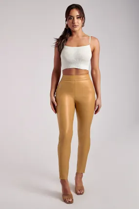 Recycled Polyester Blend Flex Wear Shayla Skinny Faux Leather Split Pant - Tan