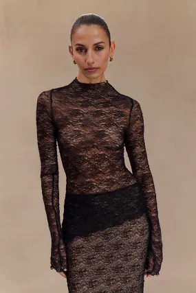 Casual Tank Elasticized Waistband Riley Sheer Lace Long Sleeve Top - Black