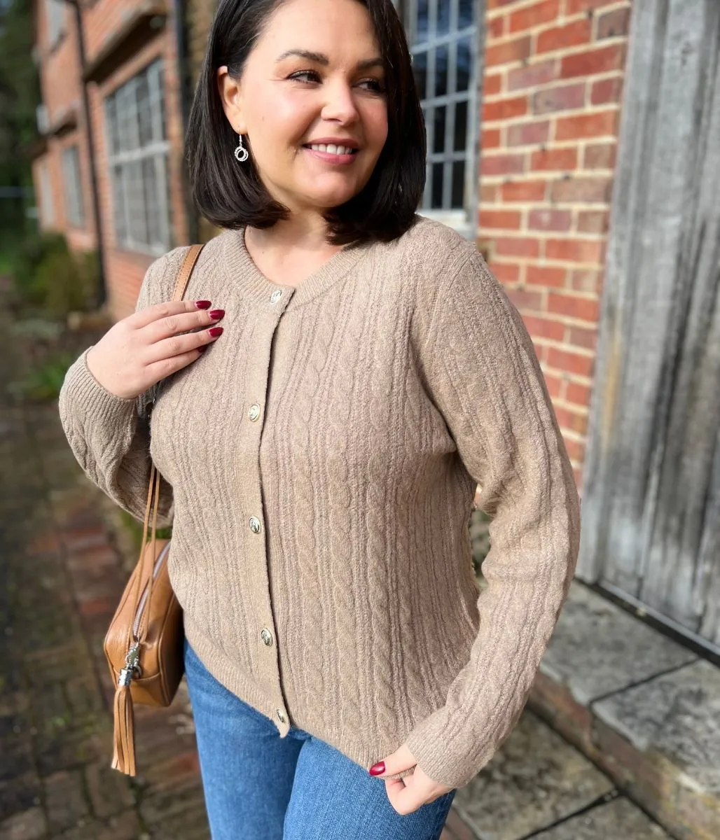 Camel Cable Knit Classic Cardigan Warm Look