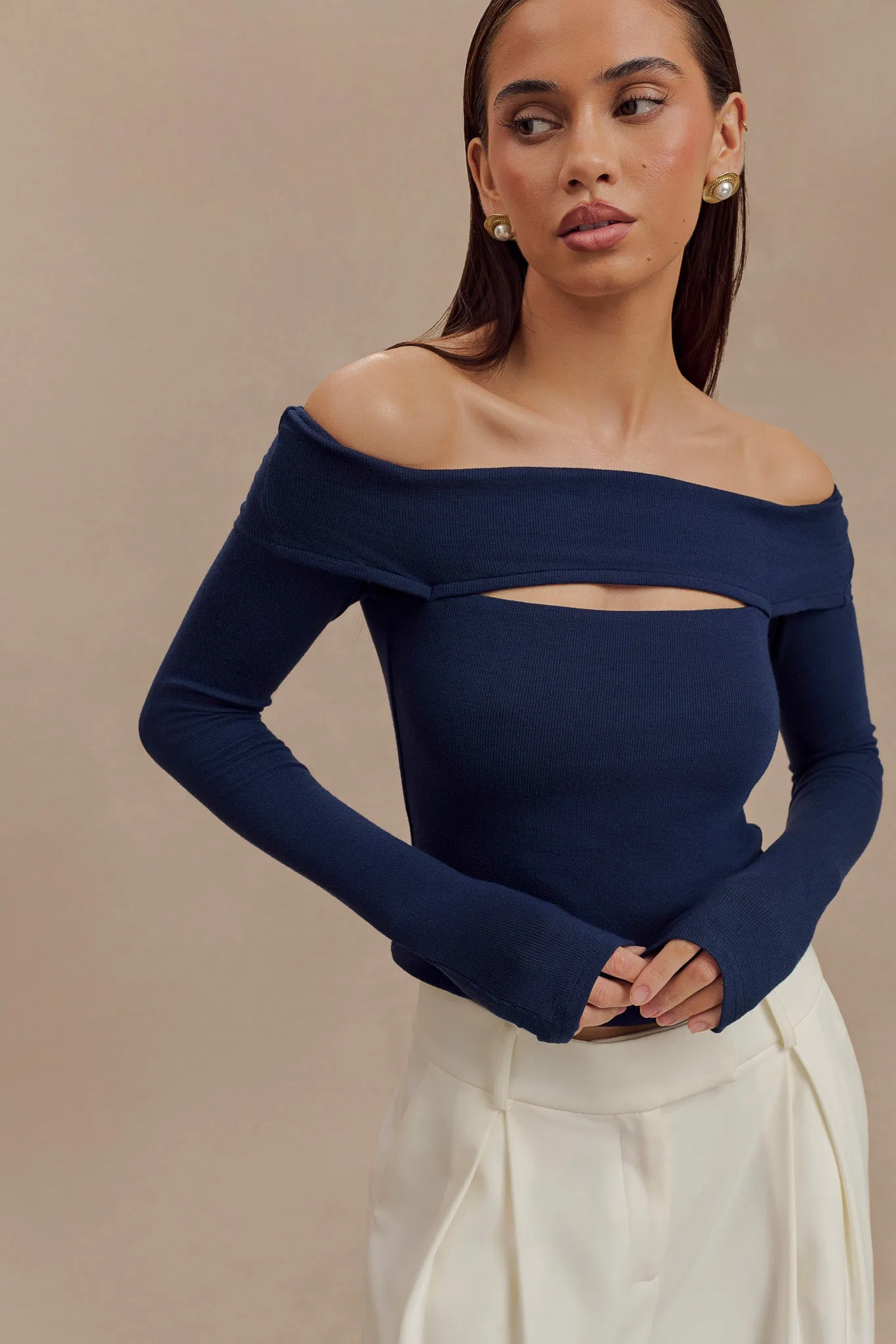 Wrinkle Resistant Finish Briah Cut Out Modal Long Sleeve Top - Dark Navy