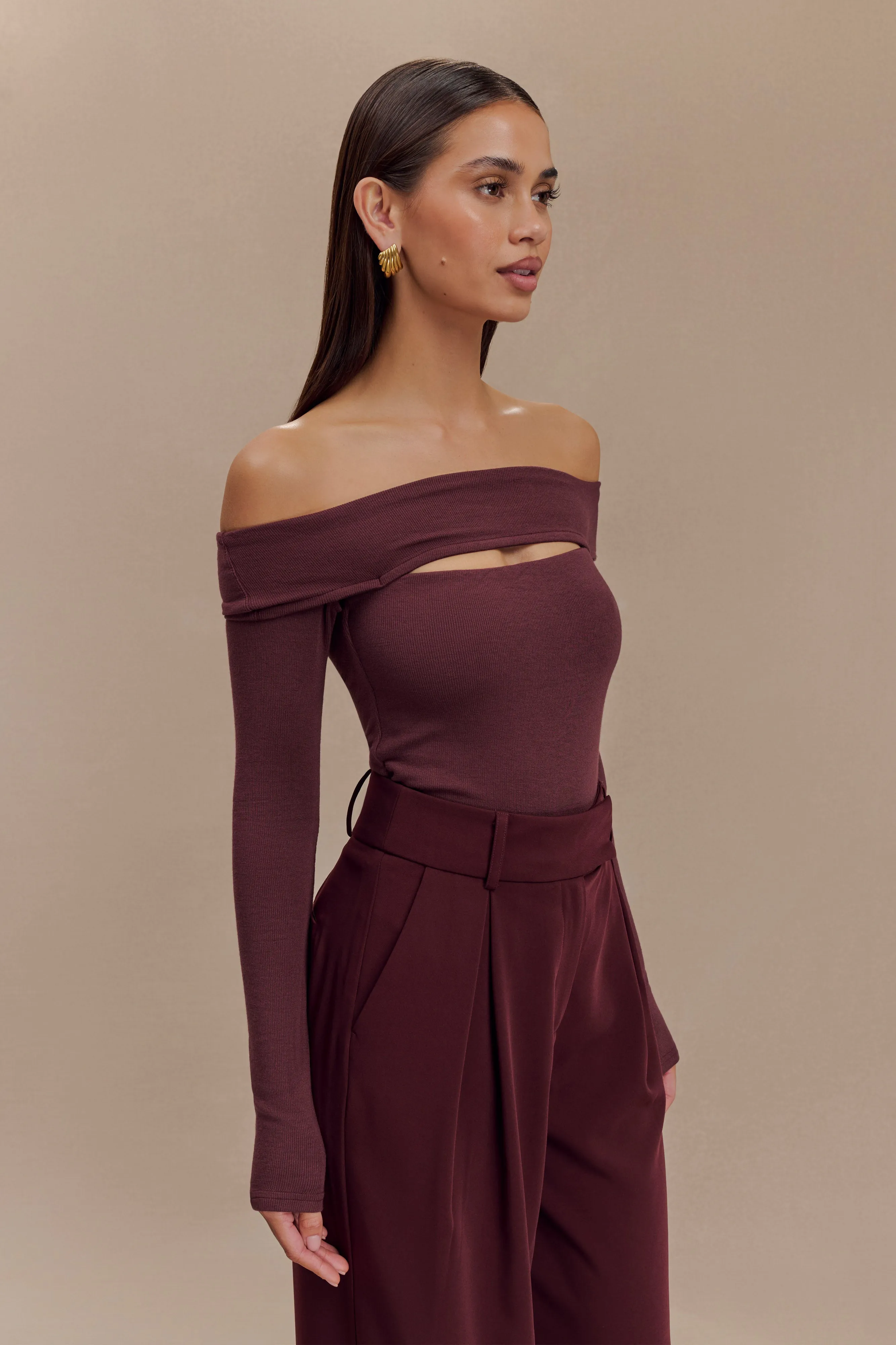 Briah Cut Out Modal Long Sleeve Top - Mahogany Non Closure Collar