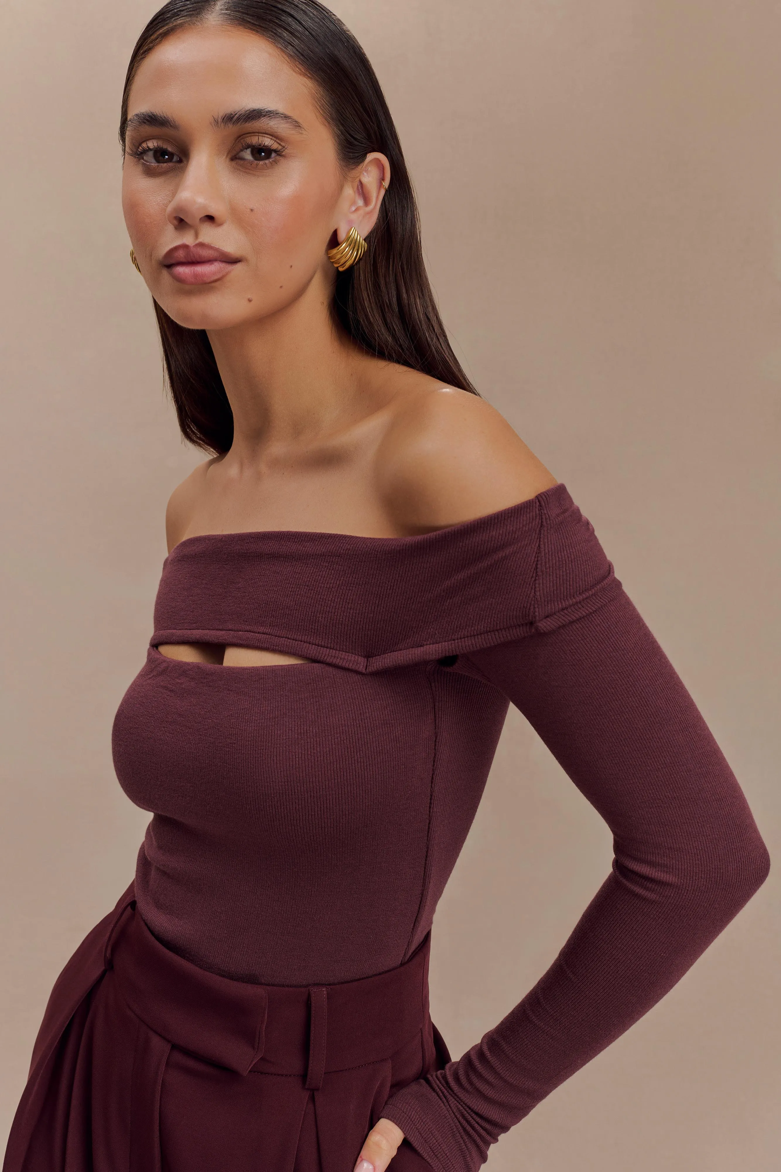 Briah Cut Out Modal Long Sleeve Top - Mahogany TaglessCollars Ergonomic Fit Design