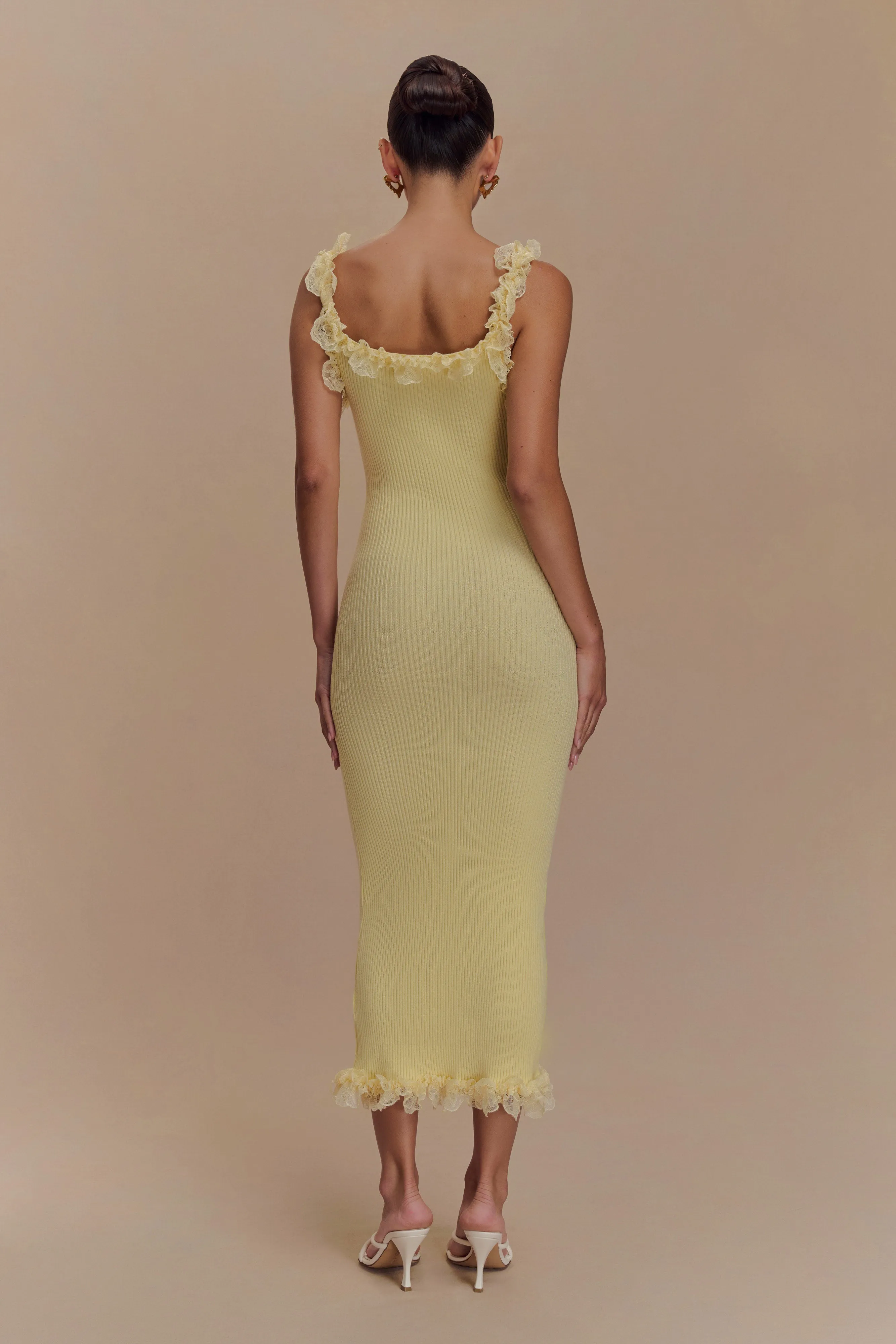 Seasonal Essential Satin-Edge Shay Lace Ruffle Knit Midi Dress - Lemon