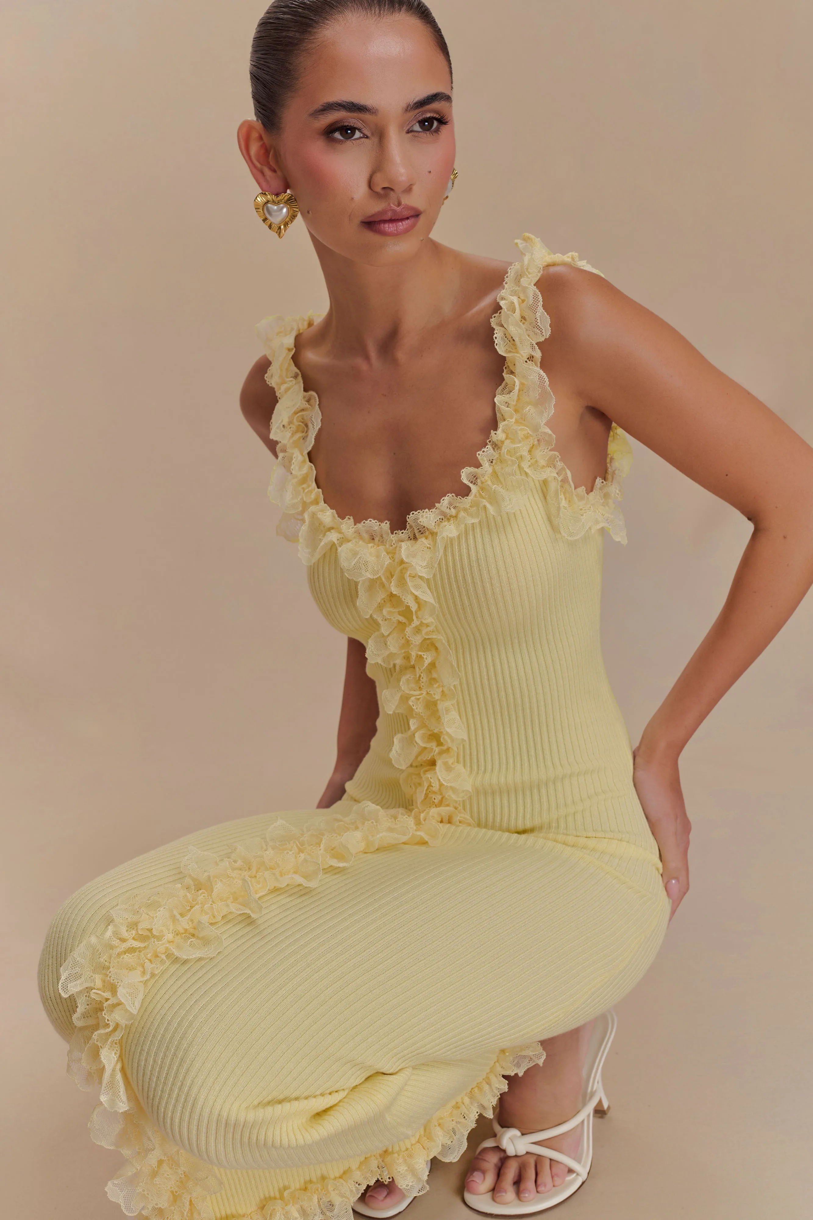 Shay Lace Ruffle Knit Midi Dress - Lemon Flexible Fabric