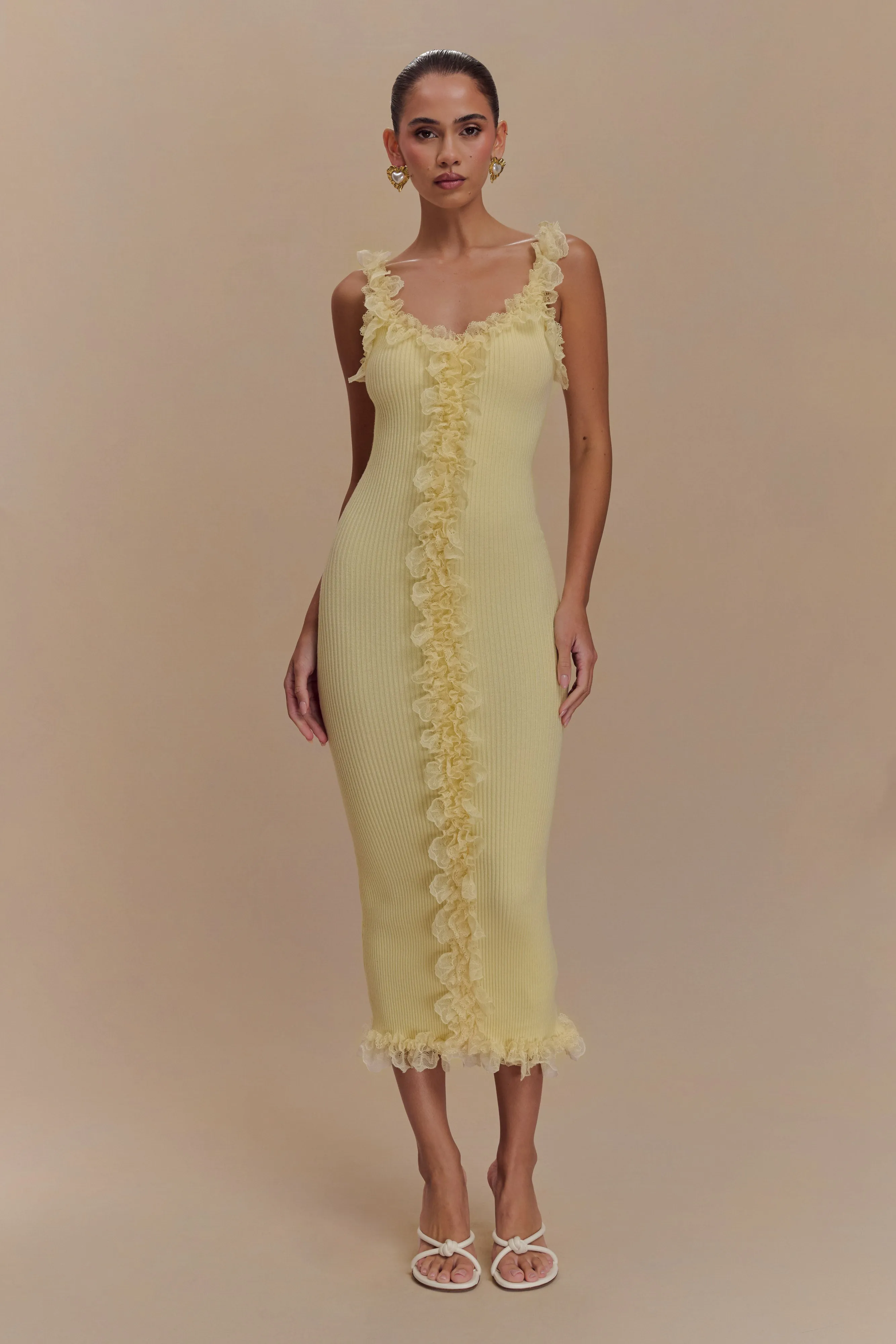Garden Scene Light Fabrication Shay Lace Ruffle Knit Midi Dress - Lemon