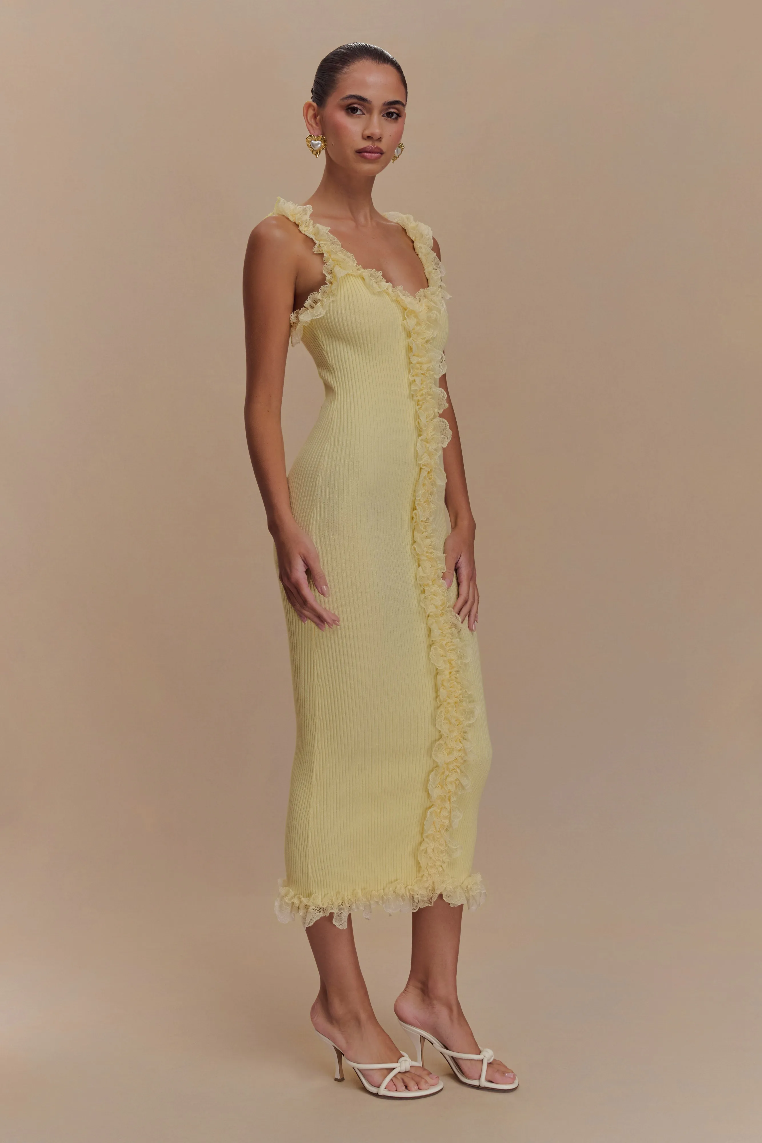 Soft Layering Shay Lace Ruffle Knit Midi Dress - Lemon