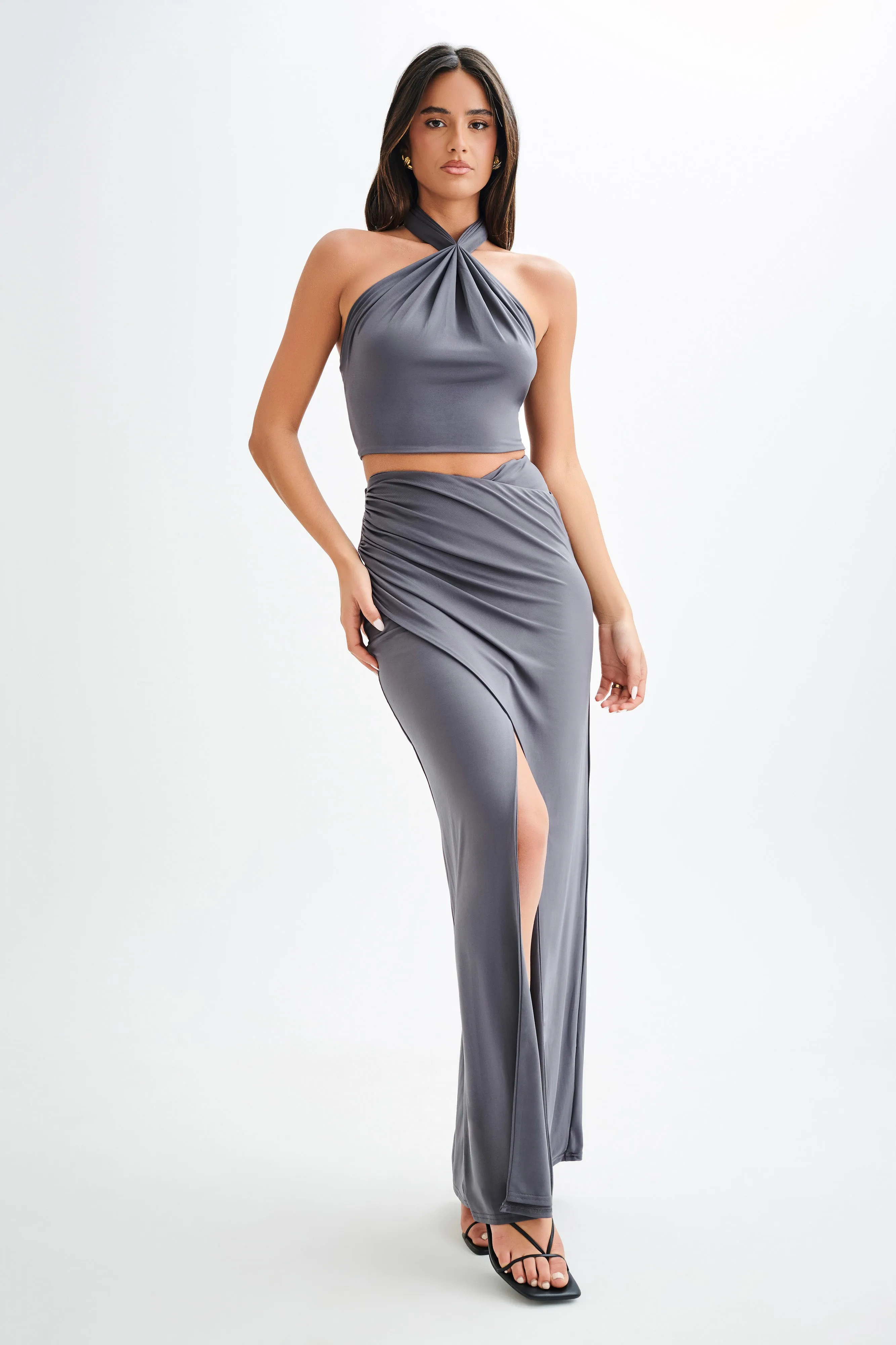 Moisture Management Fabric Bronwyn Slinky Halter Crop Top - Charcoal