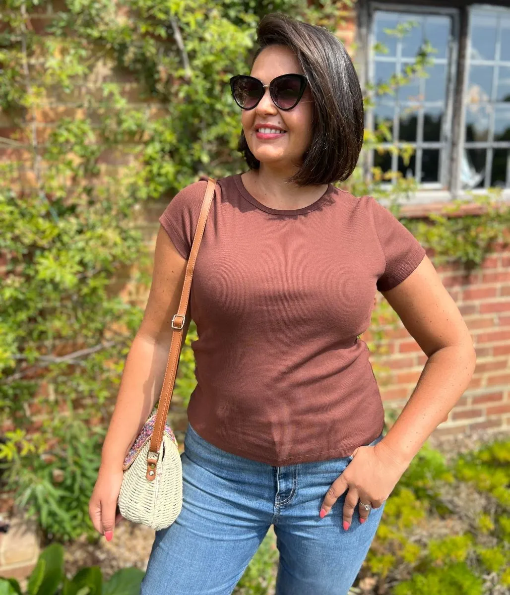 Brown Cotton Rich Ribbed Tee Joyful Mood Easy Tunic