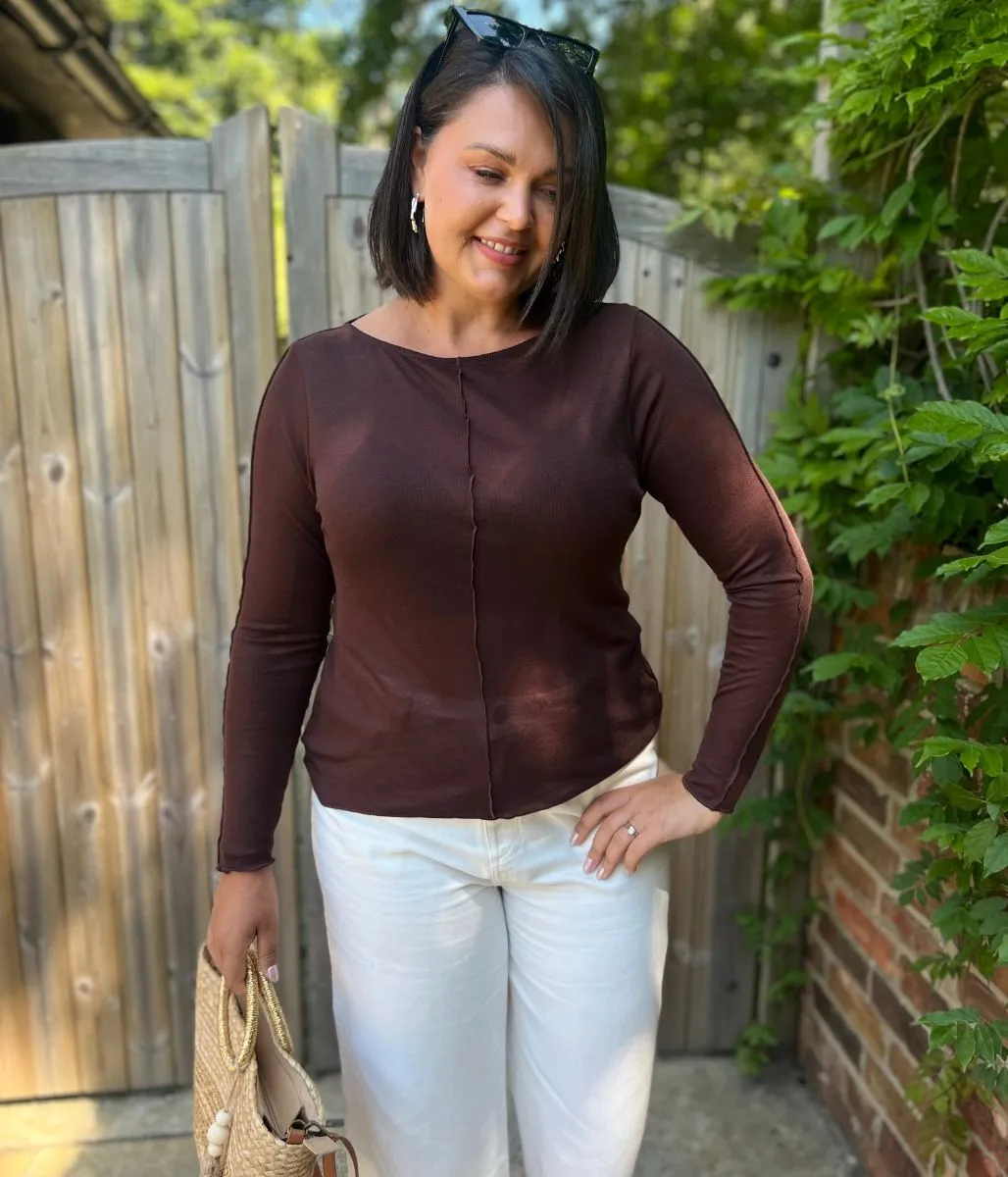 Brown Lyocell Blend Ribbed Top Transitional Fashion MoistureWicking Fabric