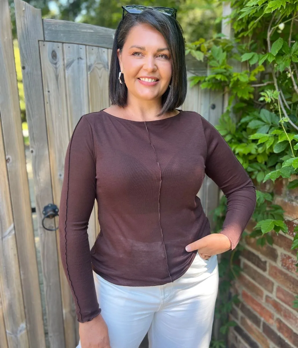 Brown Lyocell Blend Ribbed Top High-Quality Fabric