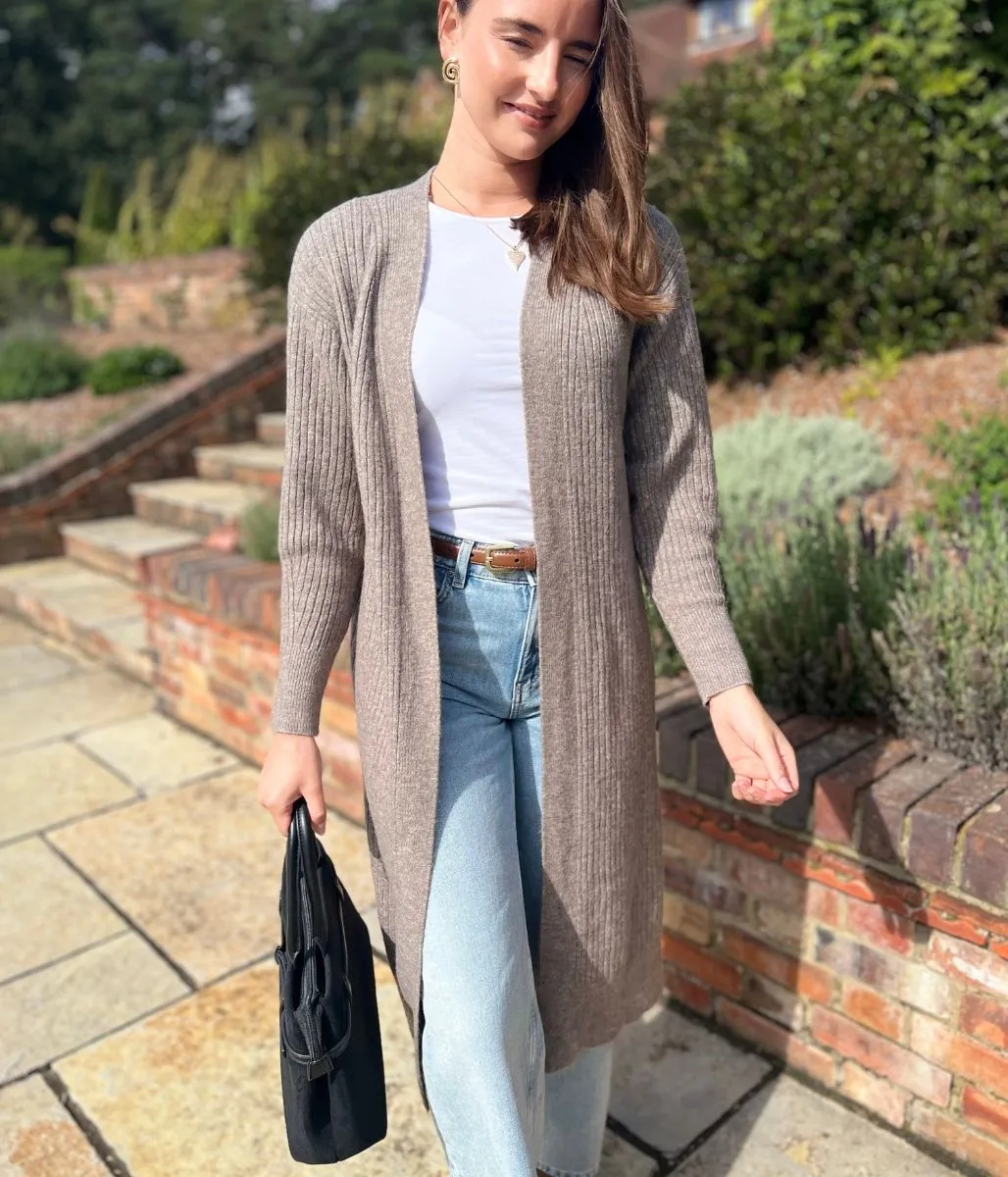 Sleek Fit Brown Ribbed Edge to Edge Longline Cardigan