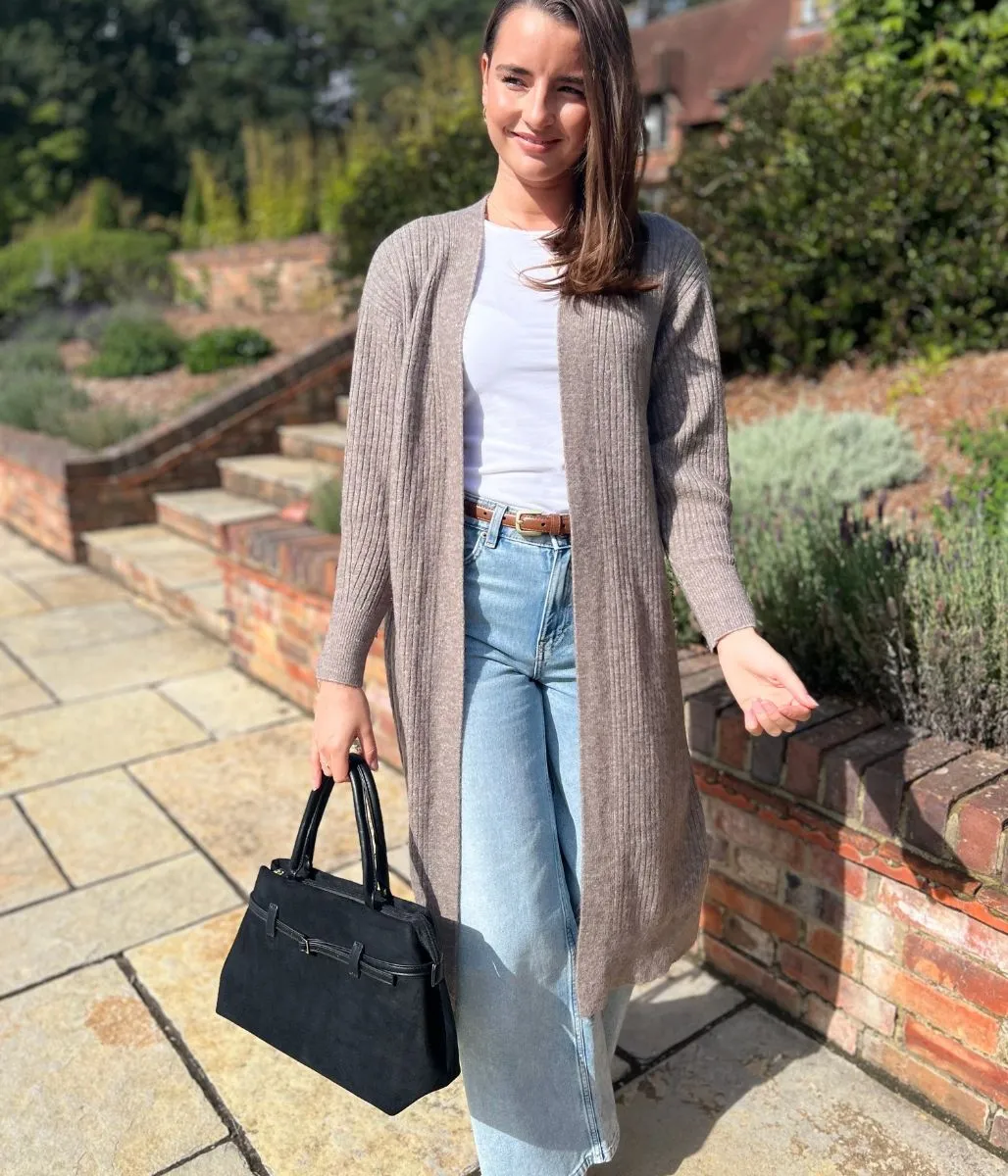 Ultimate Comfort Roomy Pockets Brown Ribbed Edge to Edge Longline Cardigan