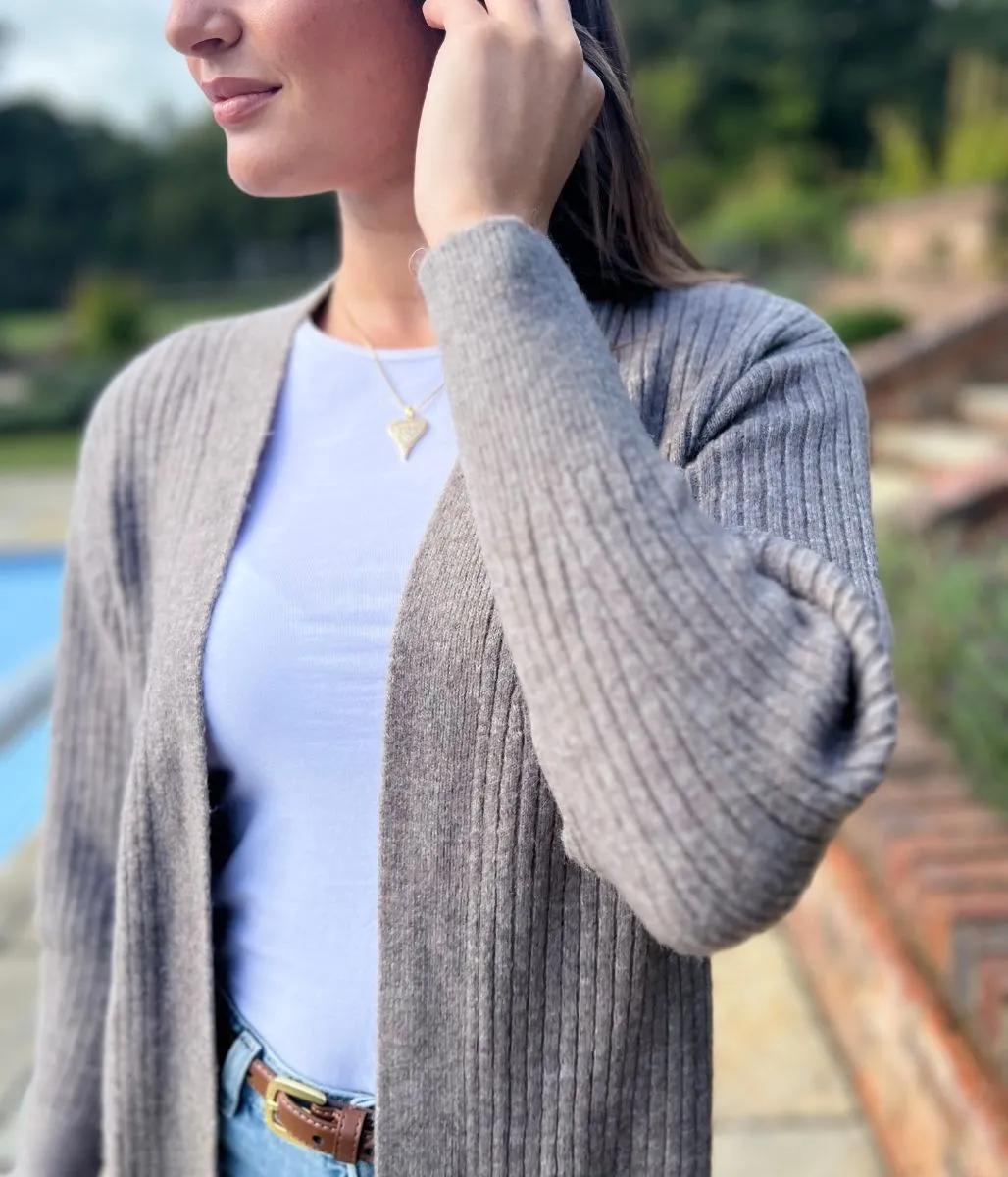 Brown Ribbed Edge to Edge Longline Cardigan Relaxed Stretch