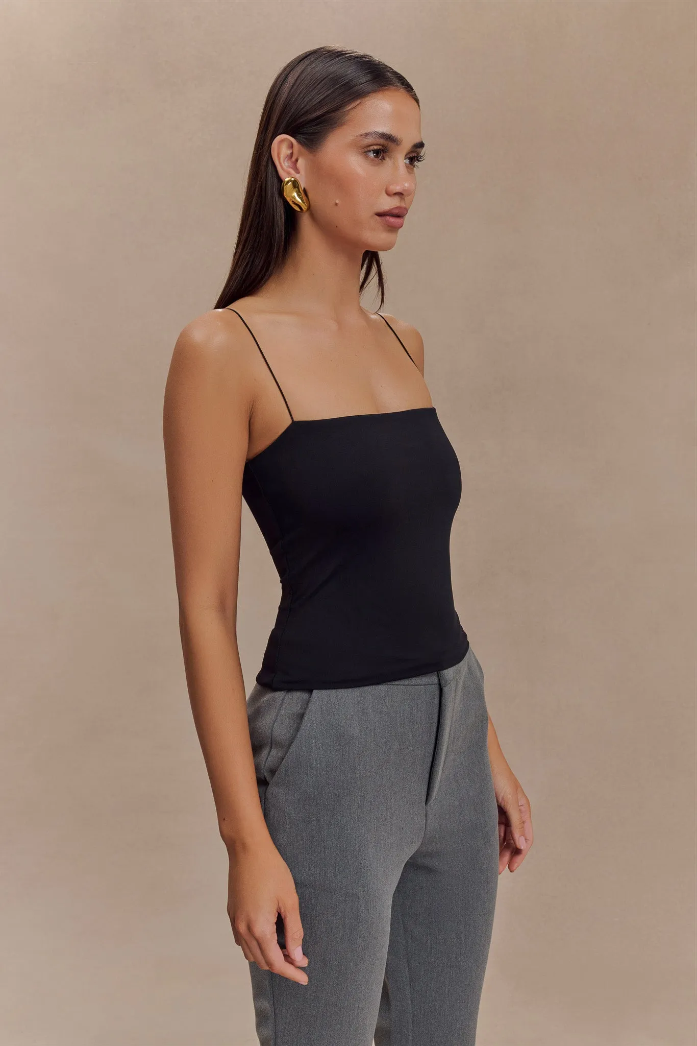 Arya Longline Spaghetti Strap Top - Black Rubberized grip