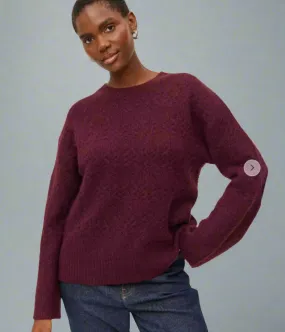 Stretch Knit Knitwear Look Burgundy Pointelle Wool Blend Jumper