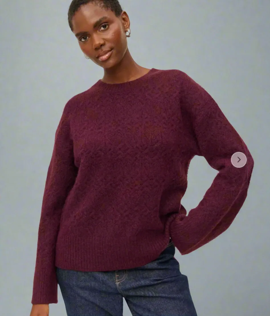 Stretch Knit Knitwear Look Burgundy Pointelle Wool Blend Jumper