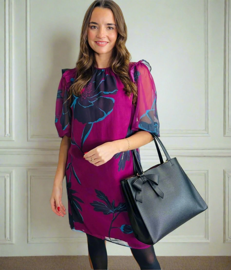 Burgundy Printed Shift Dress Travel piece Solid-color