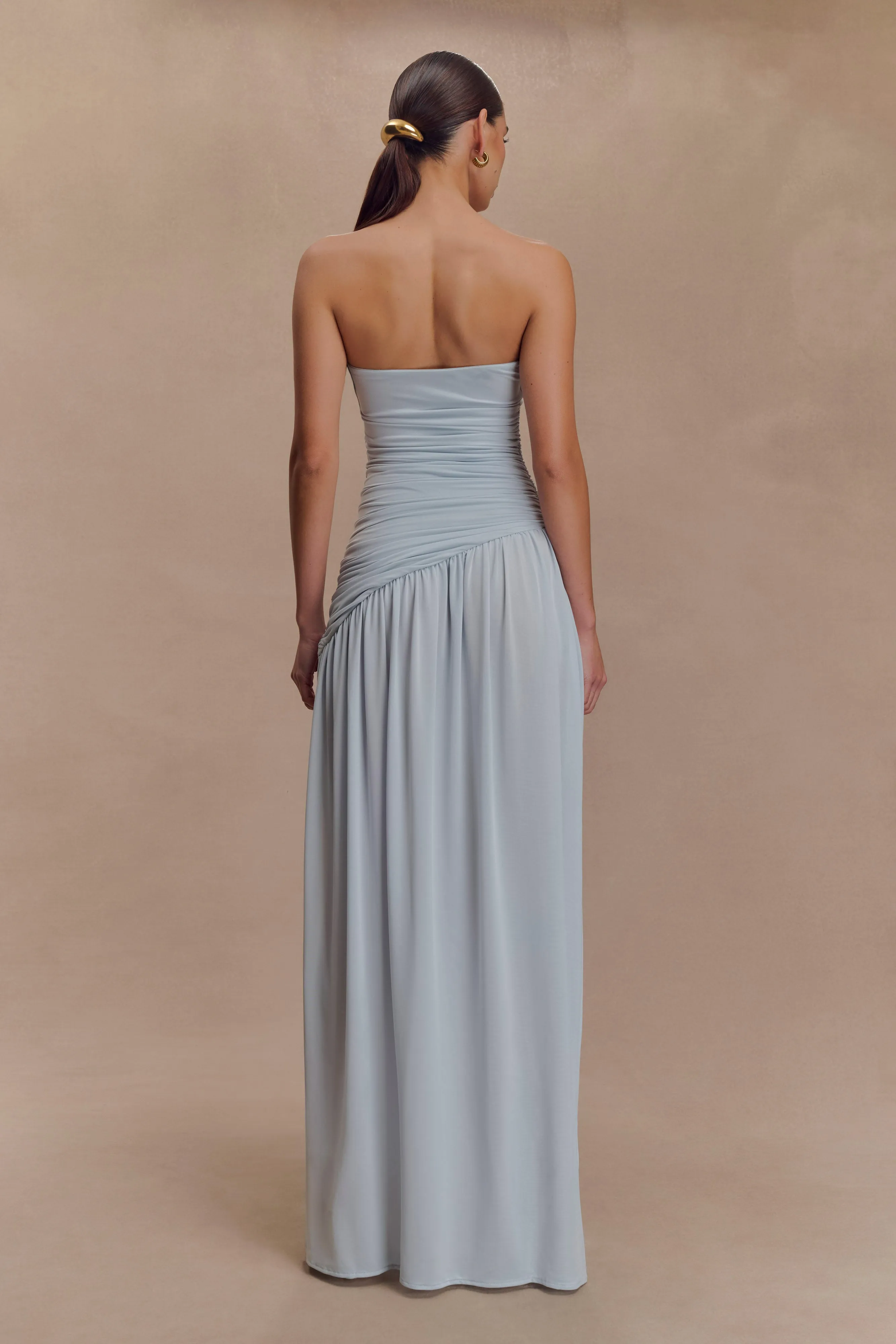 Bex Strapless Slinky Maxi Dress With Split - Pale Blue Mom Chic Versatile Style Wear