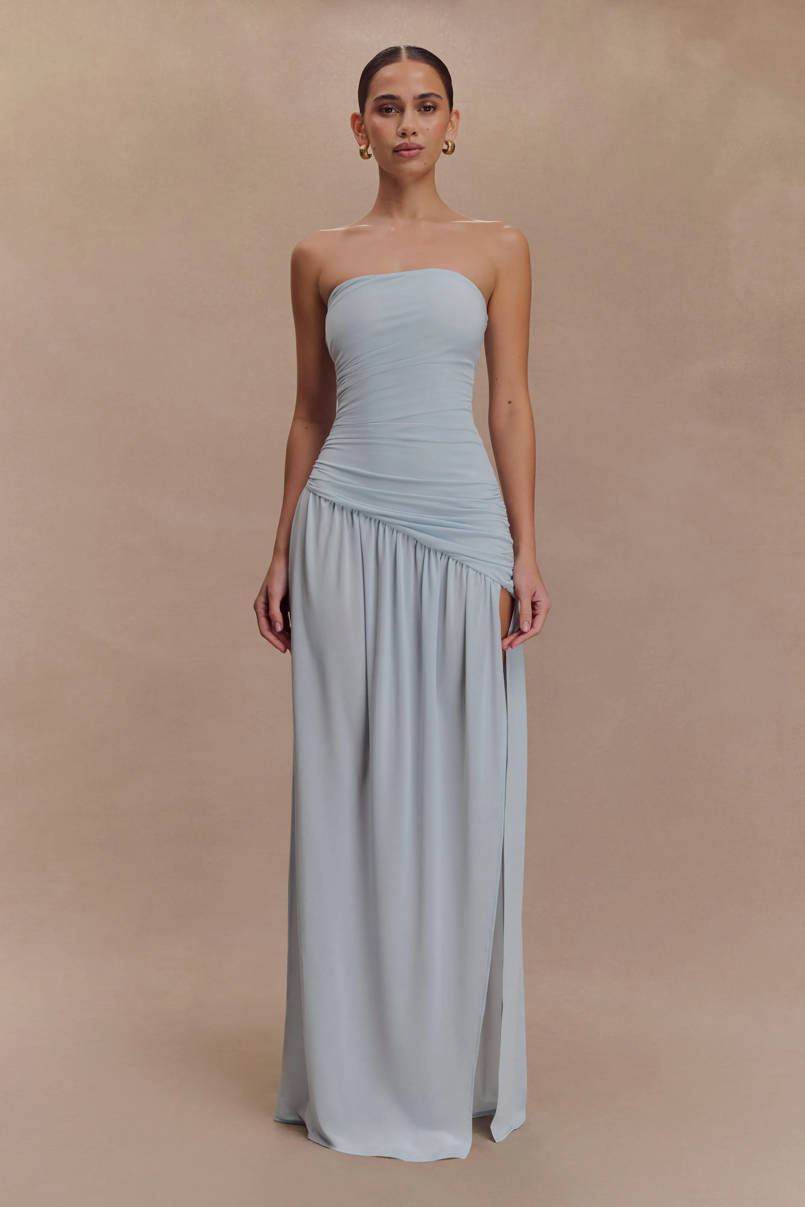 Subtle tone Boho Tone Bex Strapless Slinky Maxi Dress With Split - Pale Blue