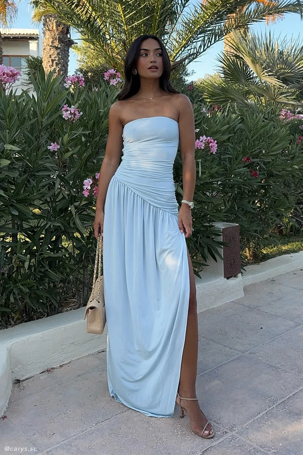 Bex Strapless Slinky Maxi Dress With Split - Pale Blue Simple Elegance