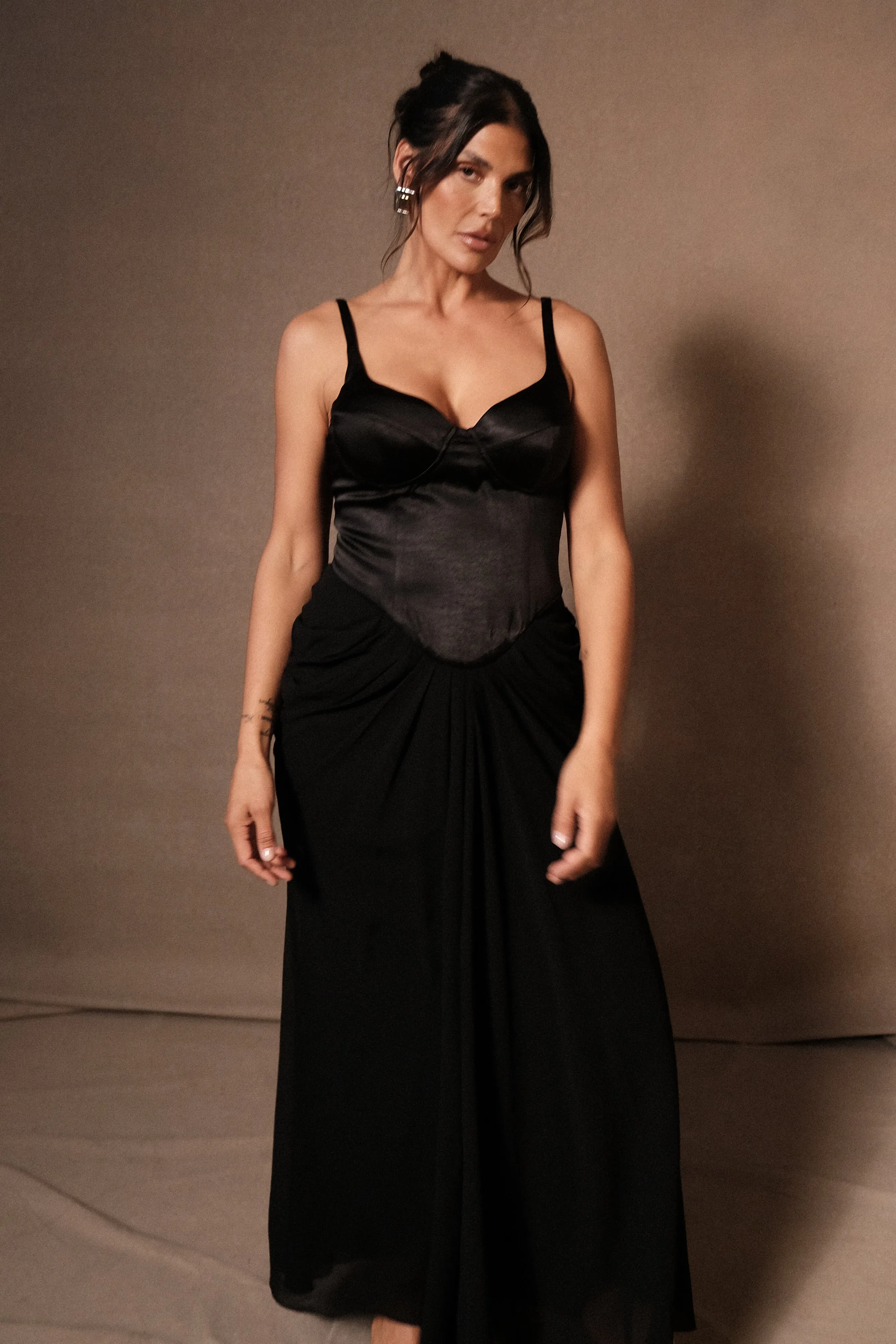 A-Line Sophisticated Look Leila Satin Corset Maxi Dress - Black