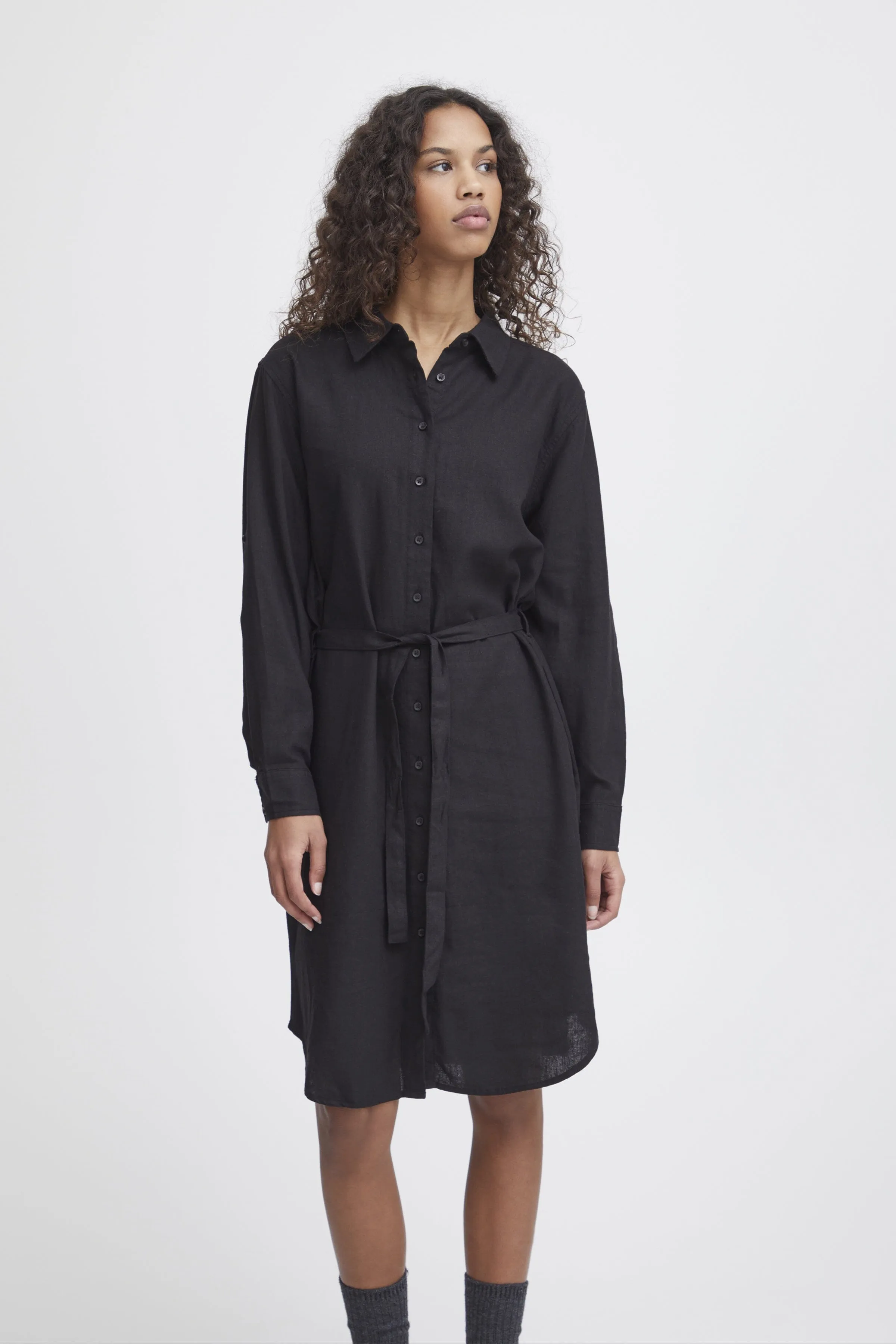 BUTTON DOWN BLACK LINEN DRESS Balloon-Sleeve