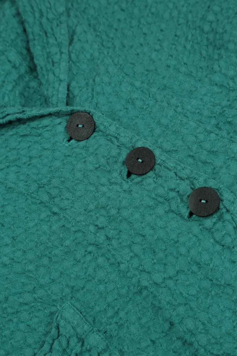 Buttoned Textured Turquoise Linen Jacket Soft Fleece Lining