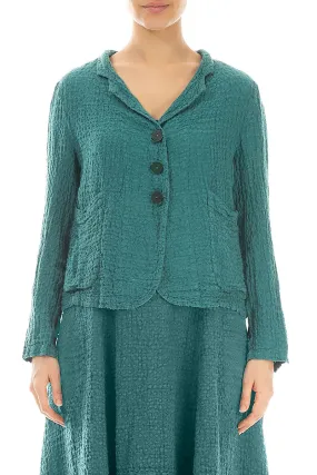 Full Length Zipper Tear Resistant Weave Buttoned Textured Turquoise Linen Jacket
