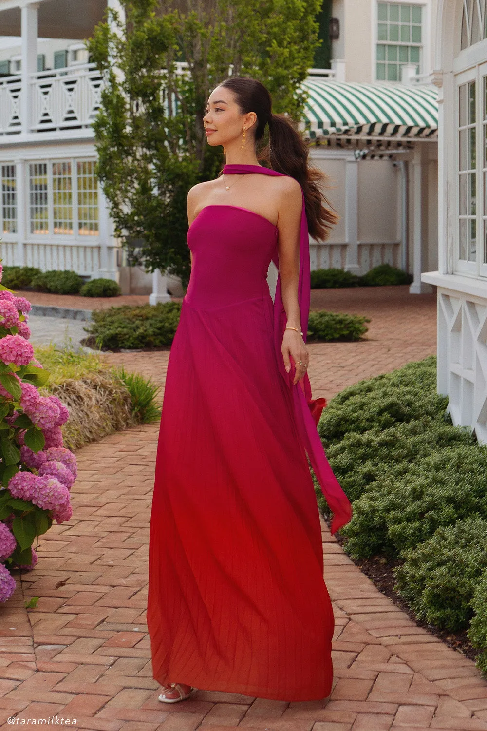Caira Chiffon Scarf Maxi Dress - Ombre Dark Pink Vibrant Aesthetic Non-Pilling