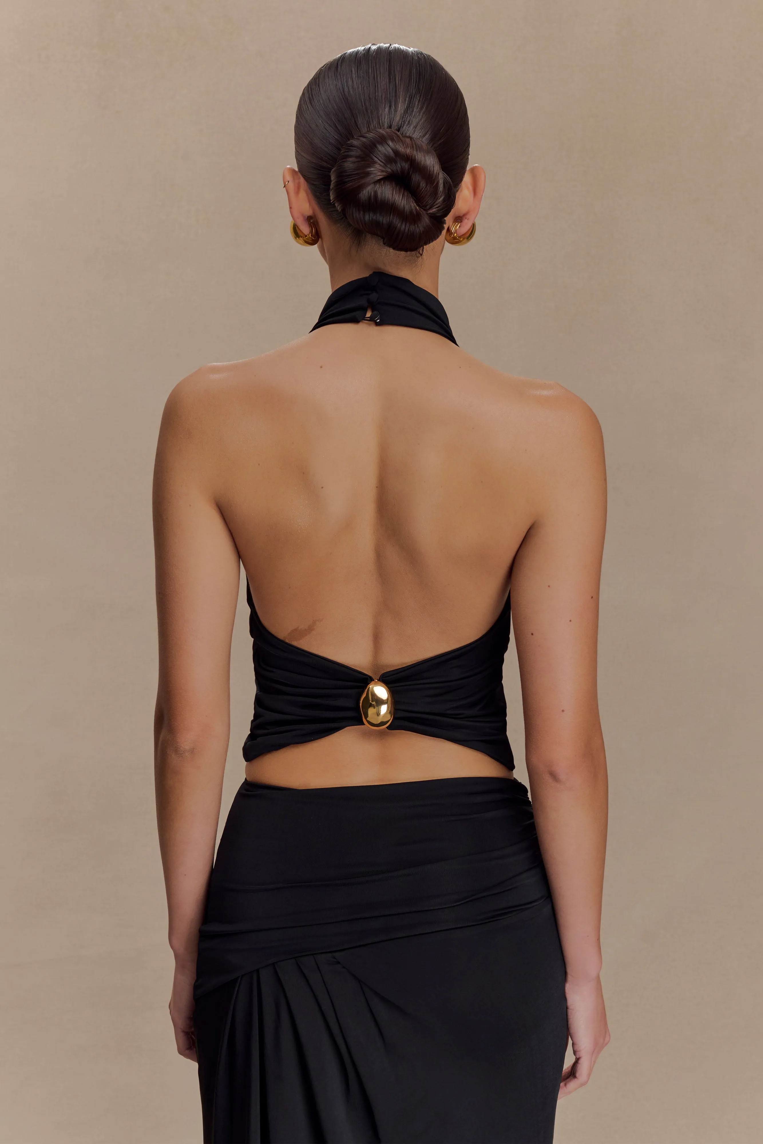 Calandra Slinky Halter Top With Hardware - Black Elasticated Hem Stylish Hoodie