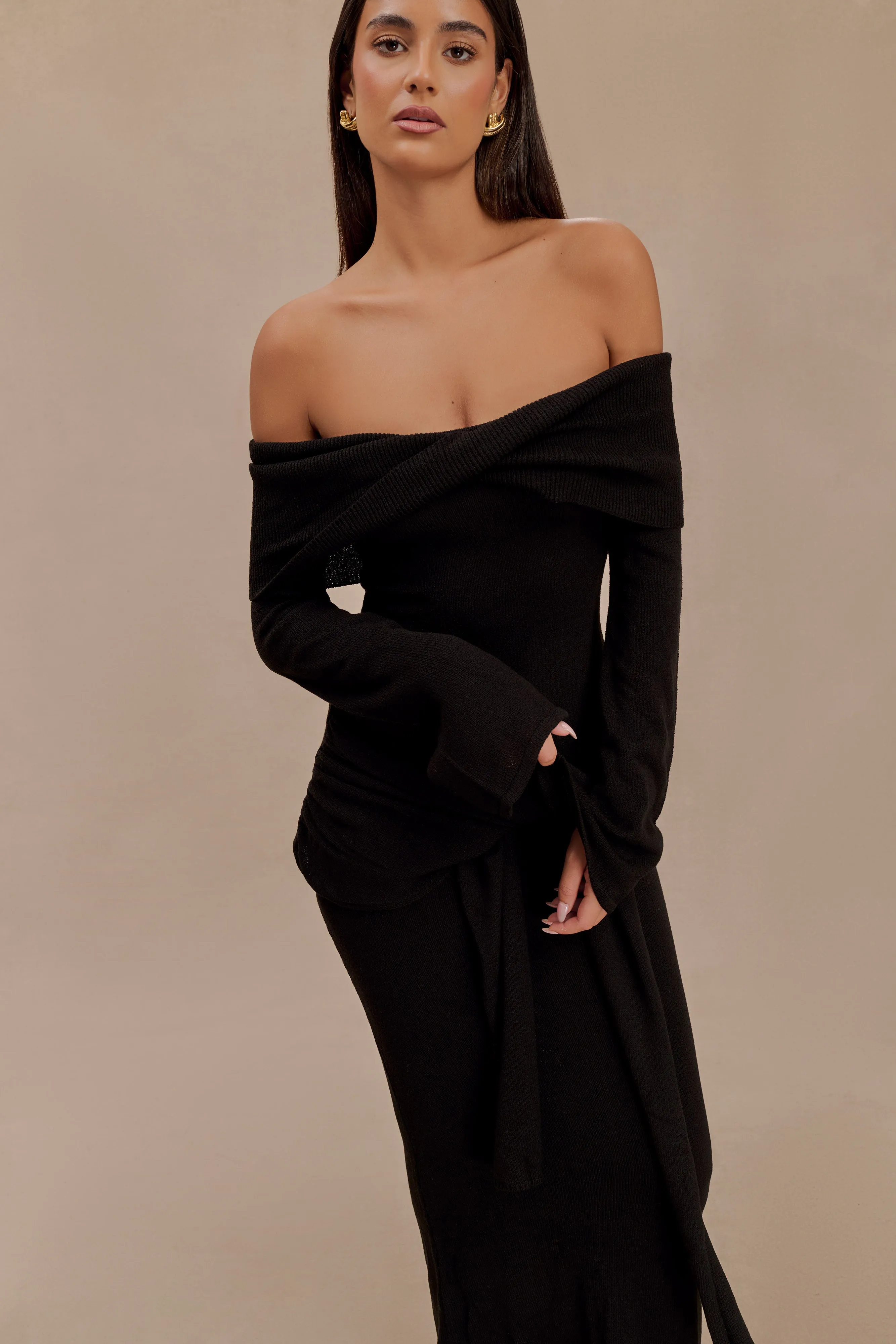 Casual event dress Cameron Off Shoulder Tie Maxi Dress - Black