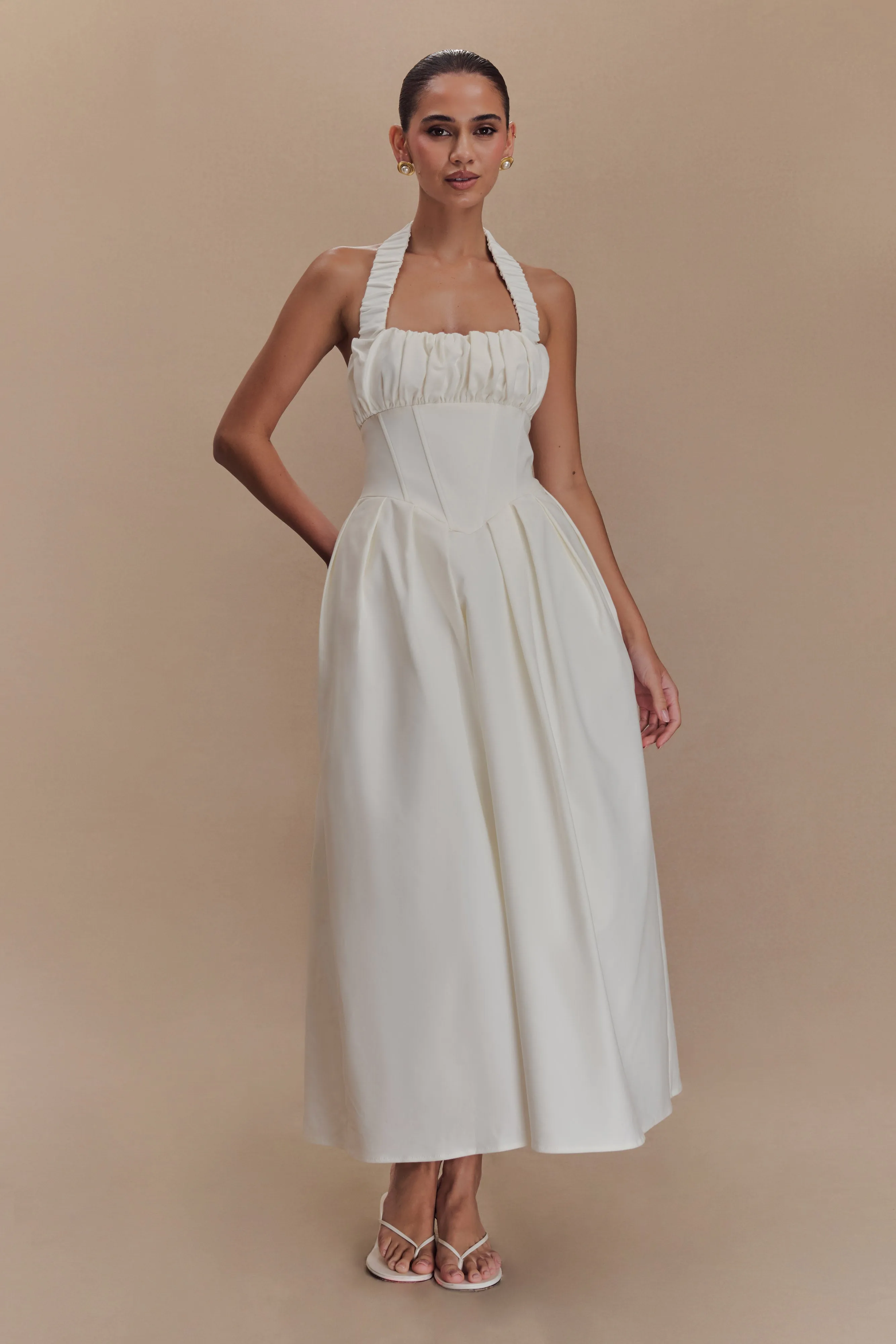 Candy Halter Midi Dress - White Vintage Style