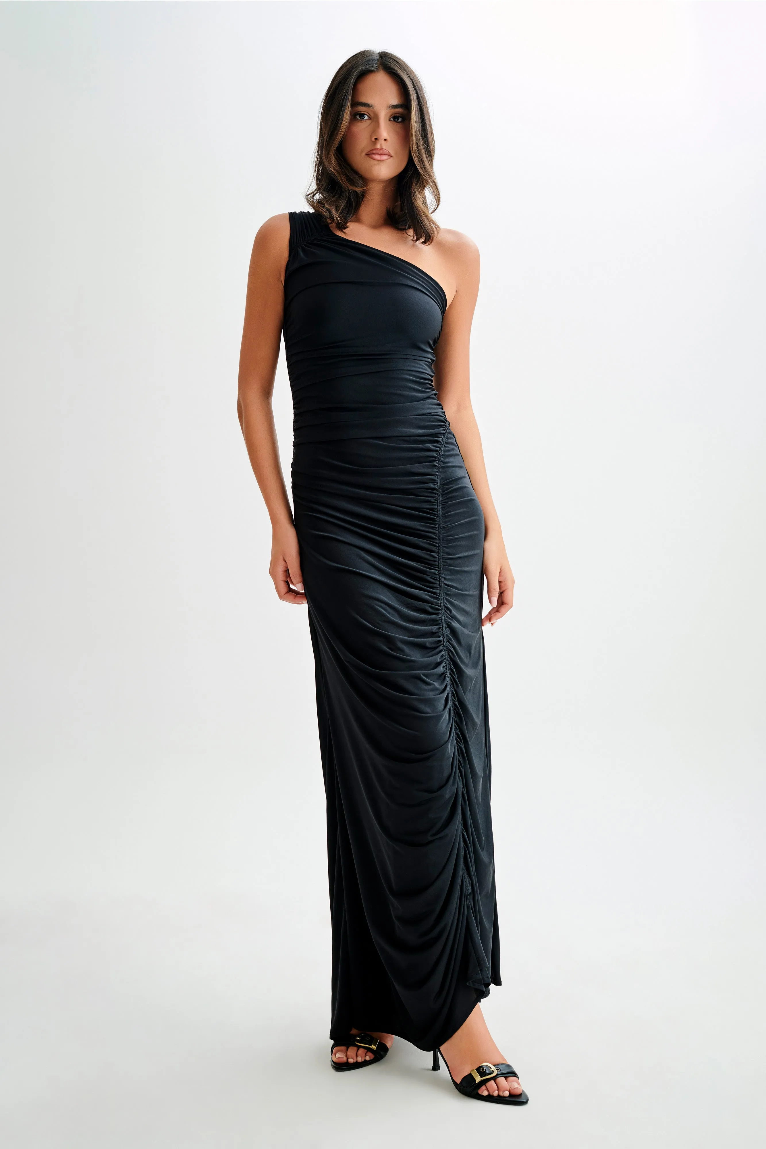 Capri Gathered Slinky Maxi Dress - Black Smart Comfort