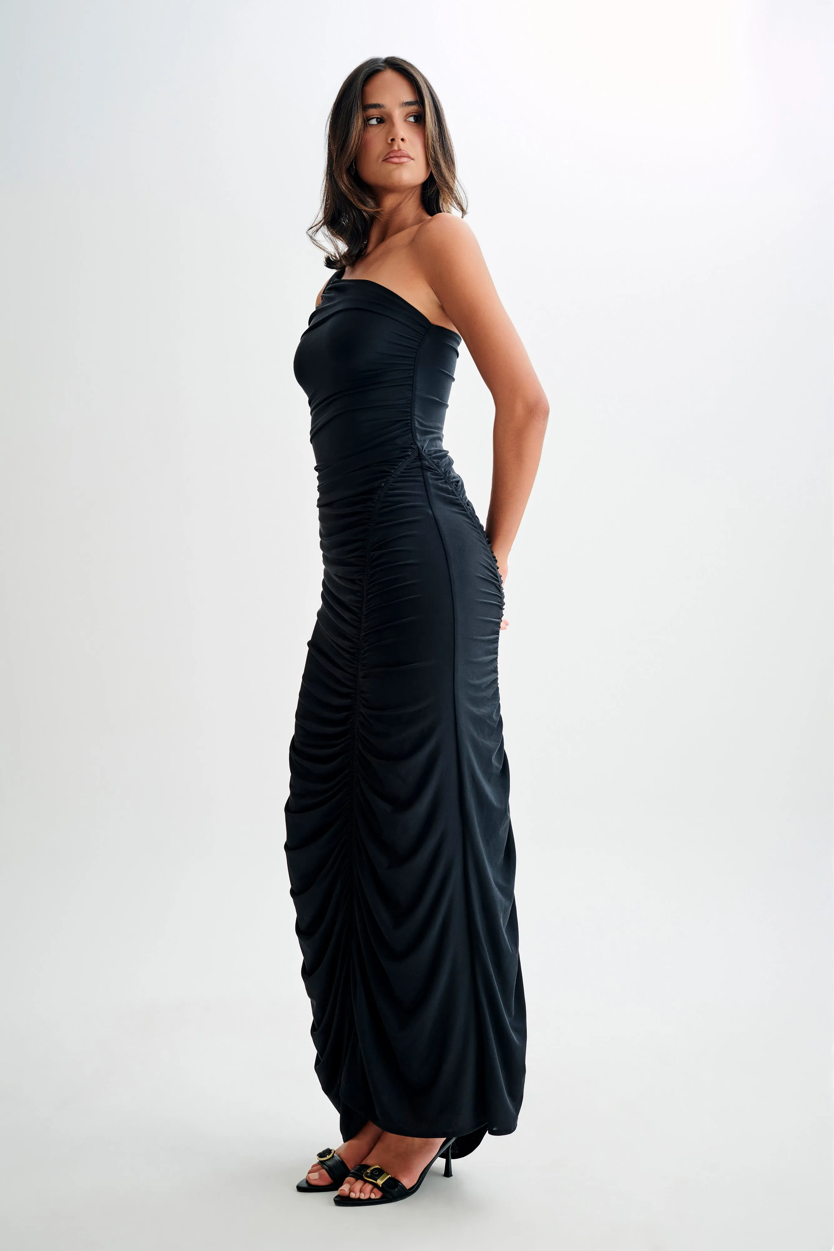 Shiny-Lining Capri Gathered Slinky Maxi Dress - Black