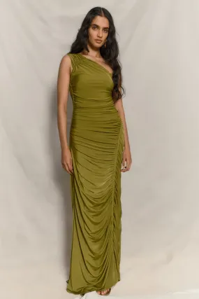 Capri Gathered Slinky Maxi Dress - Vintage Olive Artistic Vibe