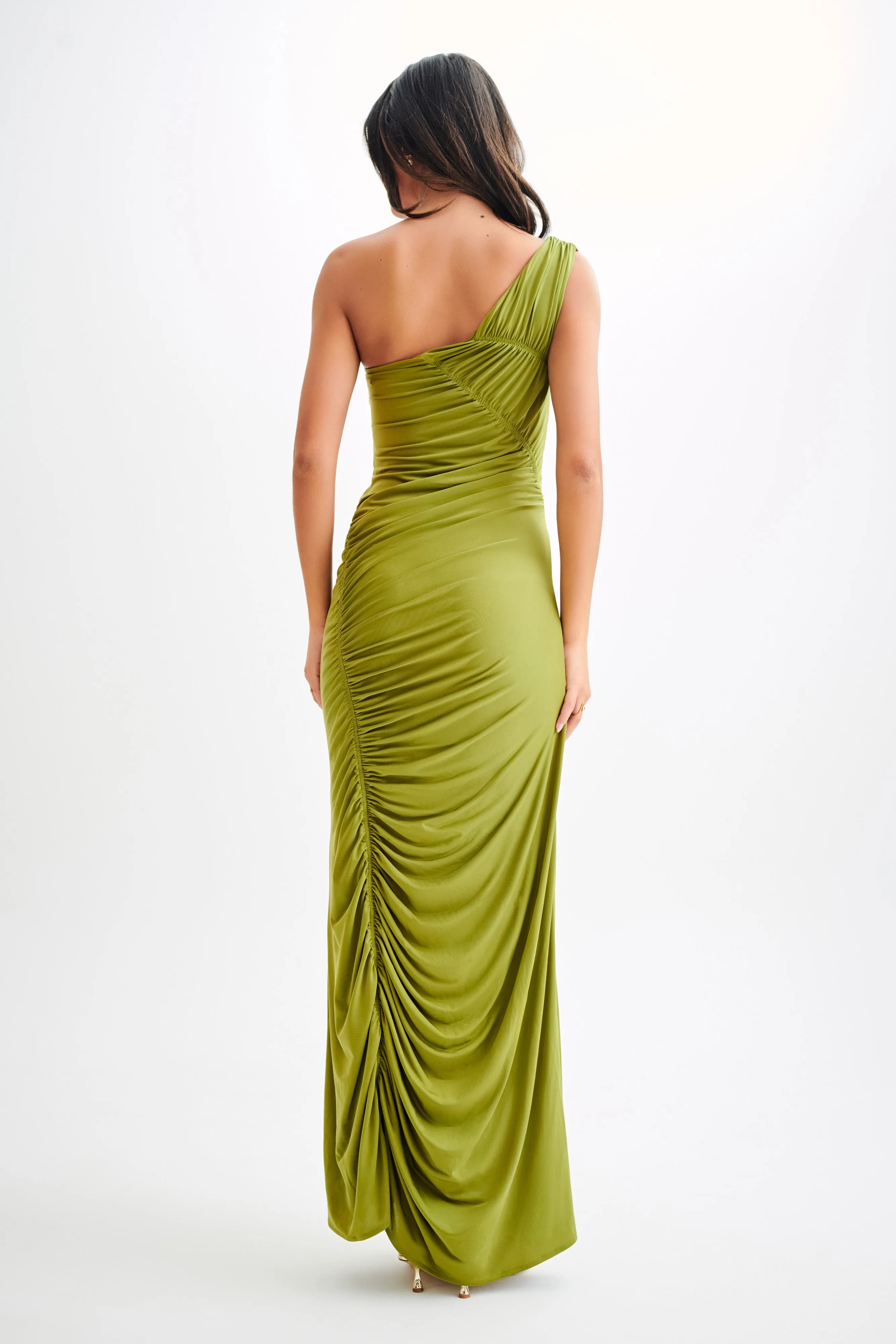 Capri Gathered Slinky Maxi Dress - Vintage Olive Light and Comfortable Wear Modern Layering