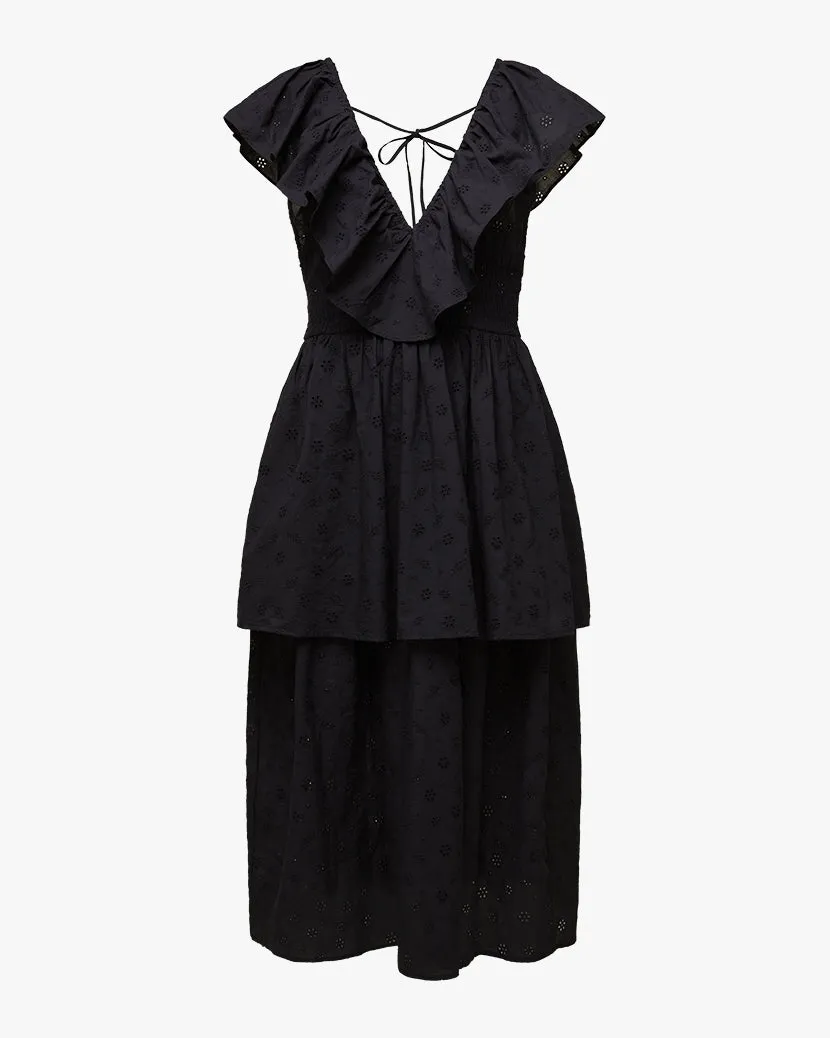 Slit Front Eyelet Ruffle Midi Youthful Mood Essential Piece