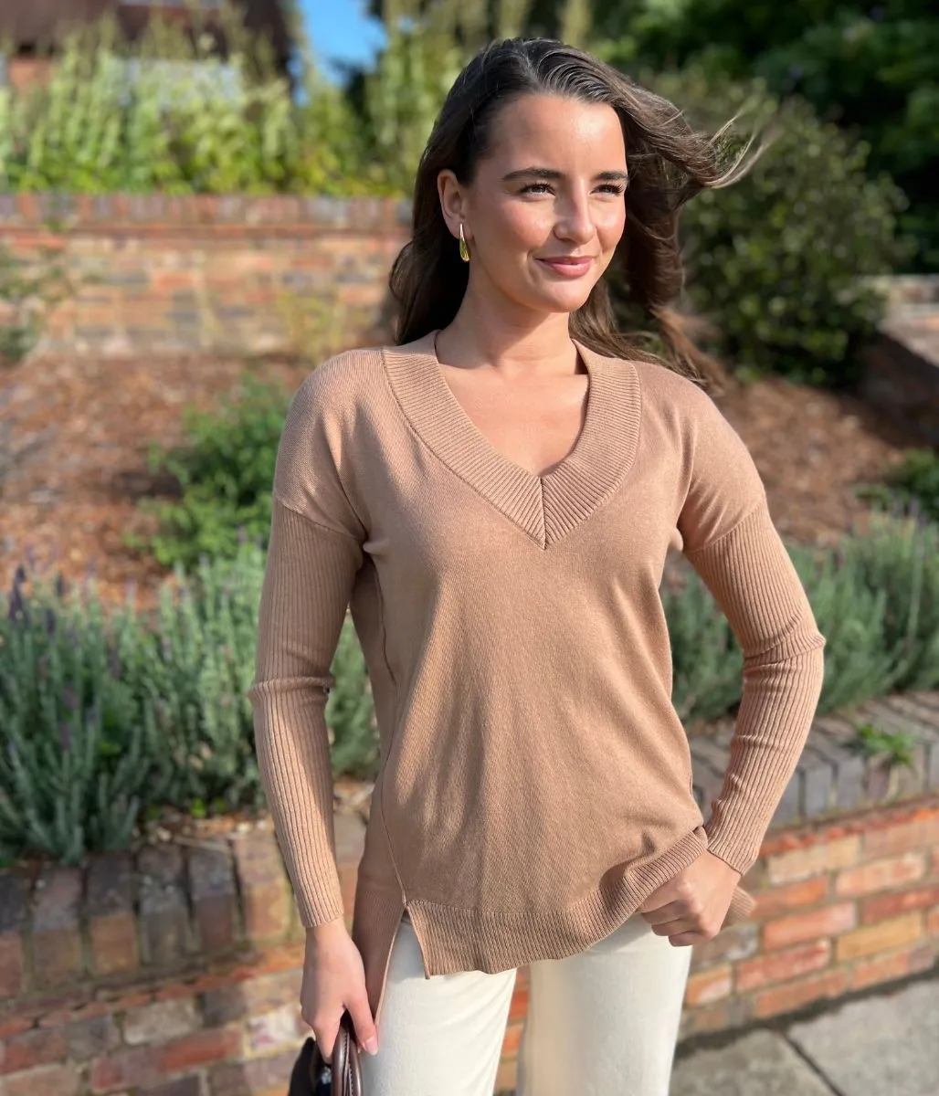 Trendy Look Fashion Essential Caramel Fine Knit V Neck Tunic Jumper