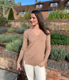 Caramel Fine Knit V Neck Tunic Jumper Comfy Touch